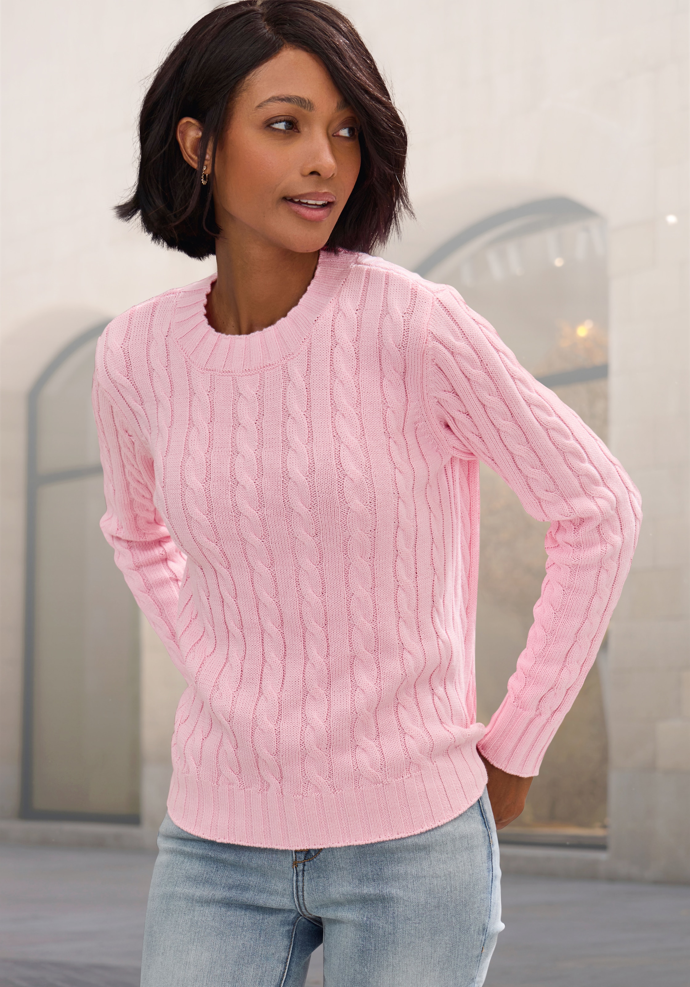 LASCANA Rundhalspullover mit Zopfstrickmuster, gemütlicher Strickpullover, klassisch