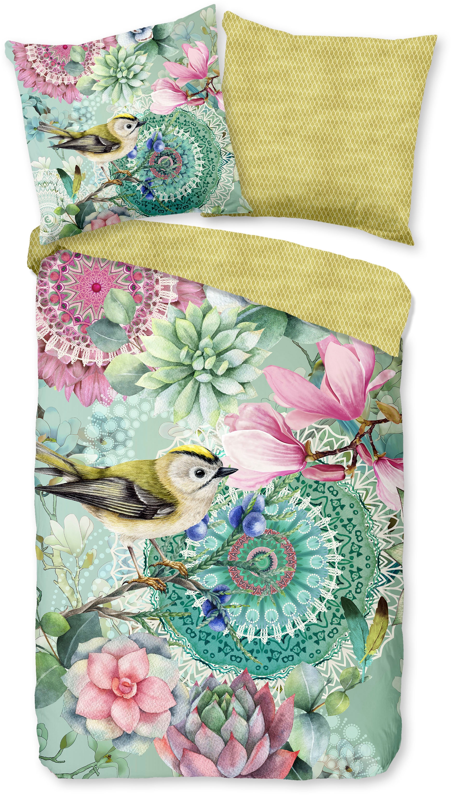 hip Wendebettwäsche »XABINE«, Mako-Satin, 135x200, Reissverschluss, Wende, Mandala,Vogel Blumen, Grün