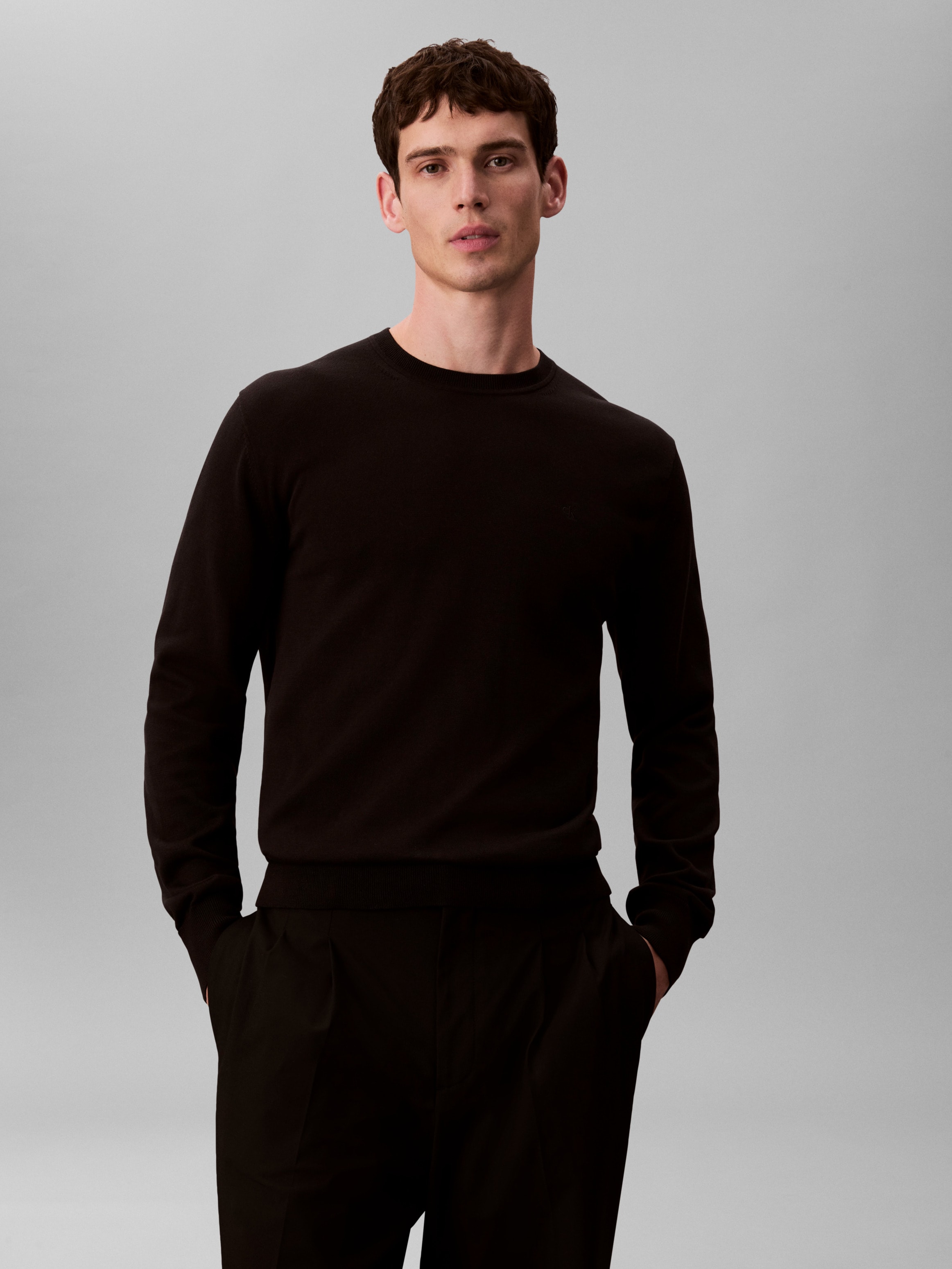 Calvin Klein Herren Schwarz Strickpullover "Ls Supima Cotton Crew 14Gg" Mit Rundhalsausschnitt
