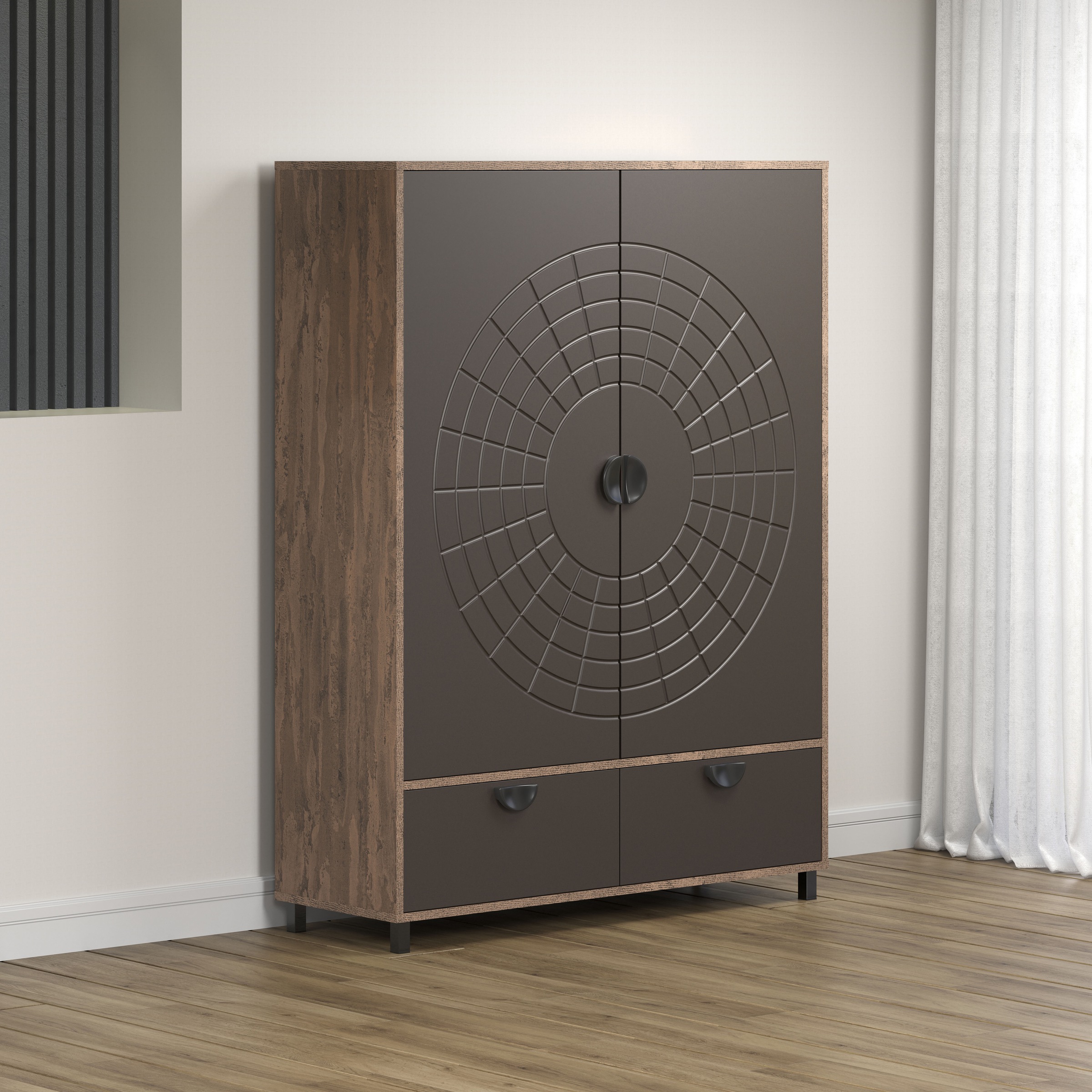 INOSIGN Highboard »Fusion«, (1 St.), Stauraumschrank mit besonderem Kreismuster - (B/T/H) 120/42/163 cm