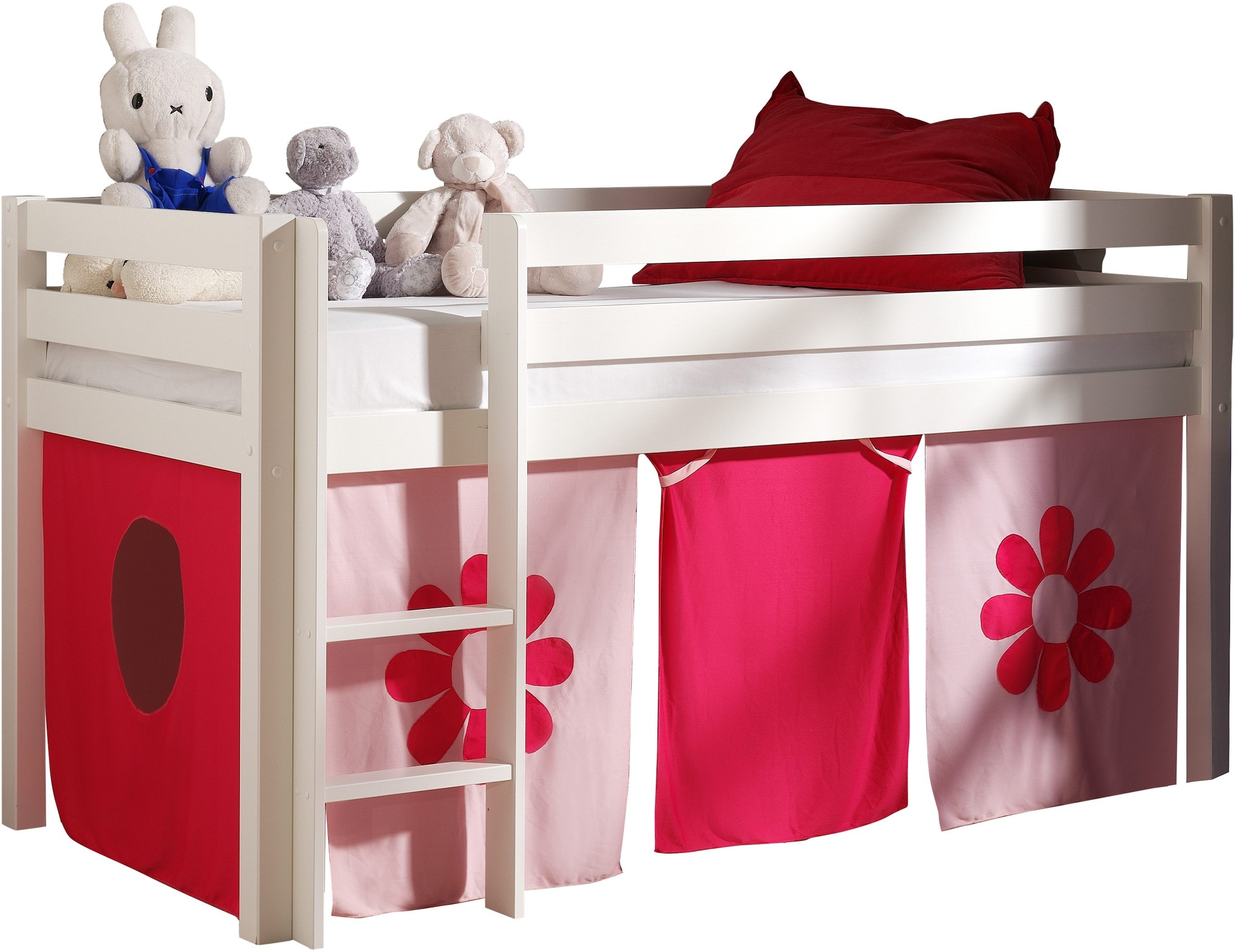Vipack Hochbett »Pino, inkl. Rolllattenrost, Leiter und Absturzschutz« B/H/T ca. 210x114x106cm, massiv Kiefer, verschiedene Farben, inklusive Textil-Vorhang "Flower"