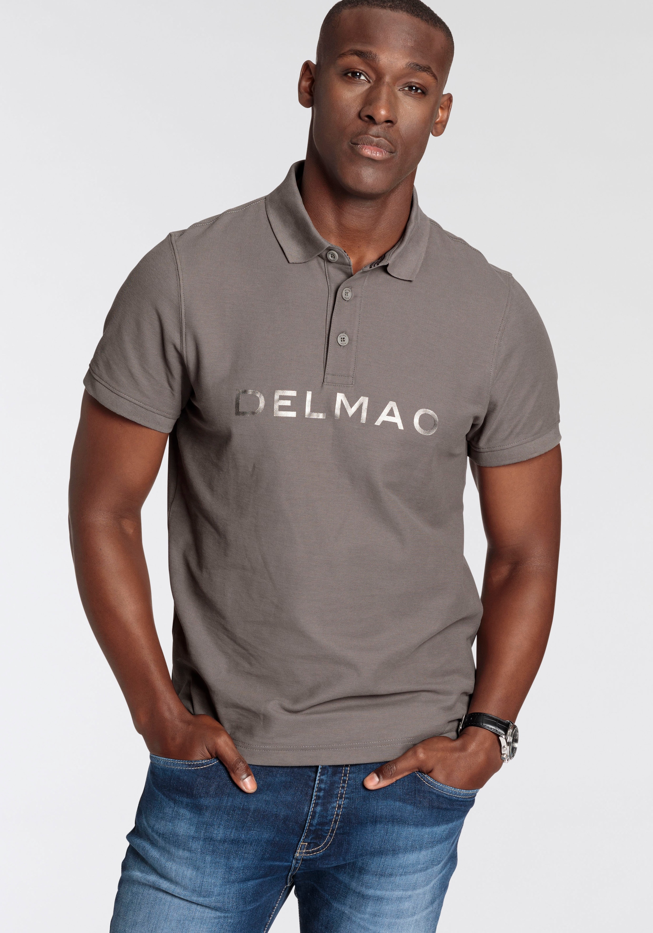 DELMAO Poloshirt, Kurzarm, mit Rippbündchen, mit Print, Polokragen, aus Baumwolle