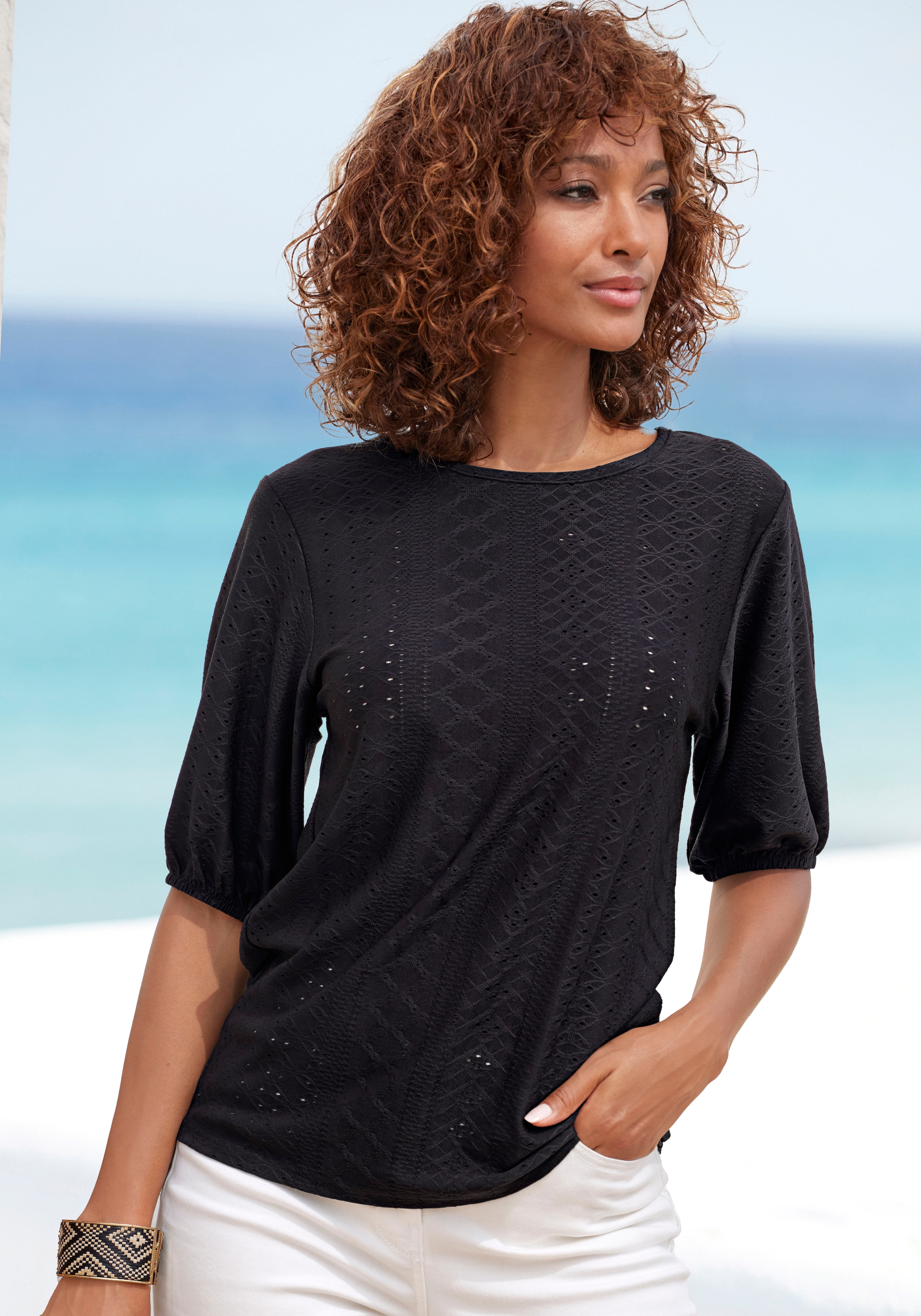 Vivance Kurzarmshirt »mit Lochstickerei«, (2er-Pack), aus pflegeleichter Qualität