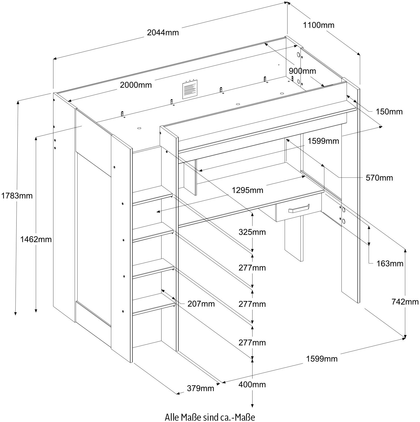 Parisot Hochbett »Heavy«, ALL-IN-ONE, mit Kleiderschrank, Schreibtisch, Leiter, Stauraum