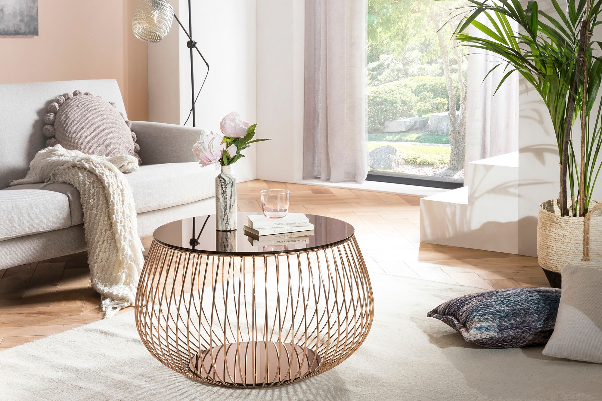 SalesFever Couchtisch, Kristallglasplatte mit Marmordruck oder rosegoldfarben