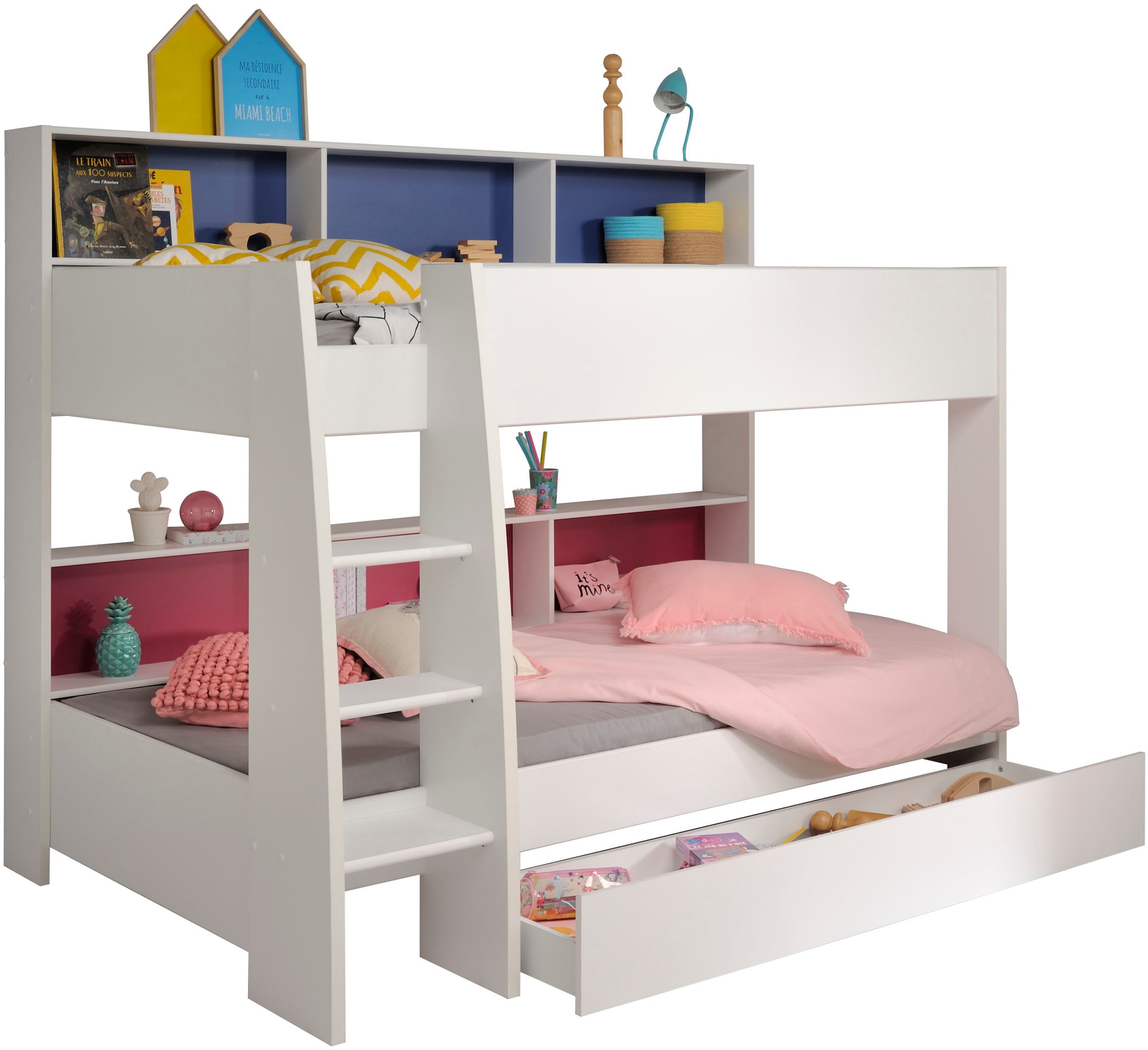 Parisot Etagenbett »Tam Tam, Stockbett, farbig hinterlegte Regale, mit Bettkasten«, viel Stauraum, toll für kleine Räume, TOPSELLER!