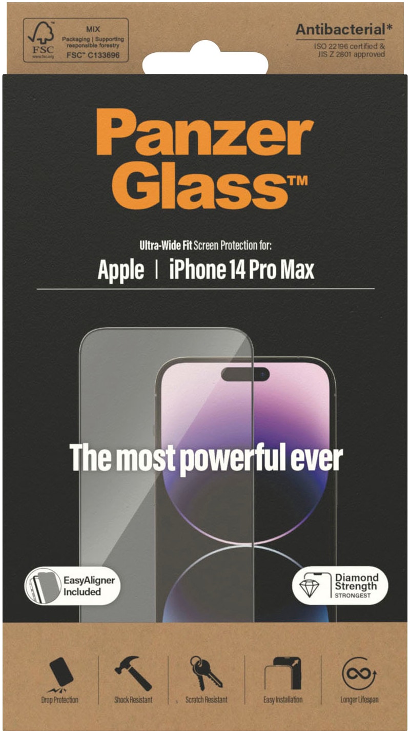 PanzerGlass Displayschutzglas »Displayschutz Apple iPhone 14 Pro Max«, (1 St., Displayschutz mit Installationshilfe EasyAligner), Kratz-& Stossfest, Antibakteriell, Berührungsempfindlich