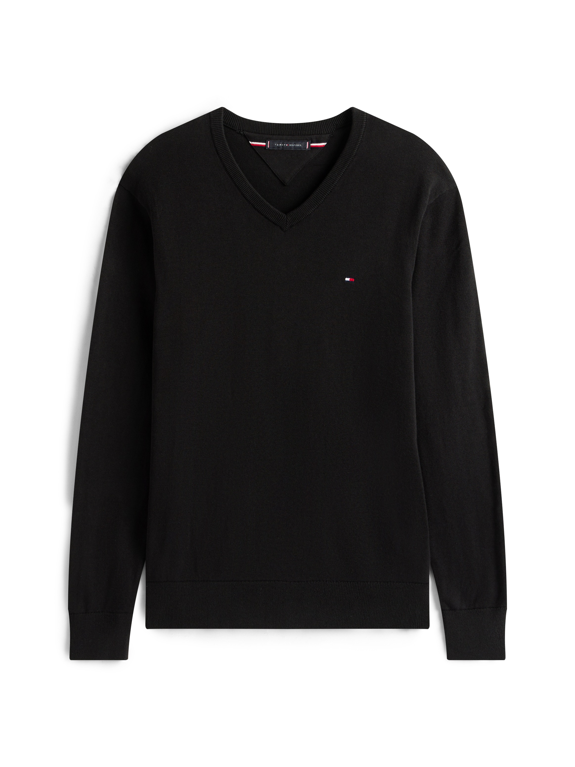 Tommy Hilfiger Strickpullover »ESSENTIAL COTTON V NECK mit V-Ausschnitt und Stickerei«, unifarben, casual, regular fit, Baumwolle, V-Ausschnitt