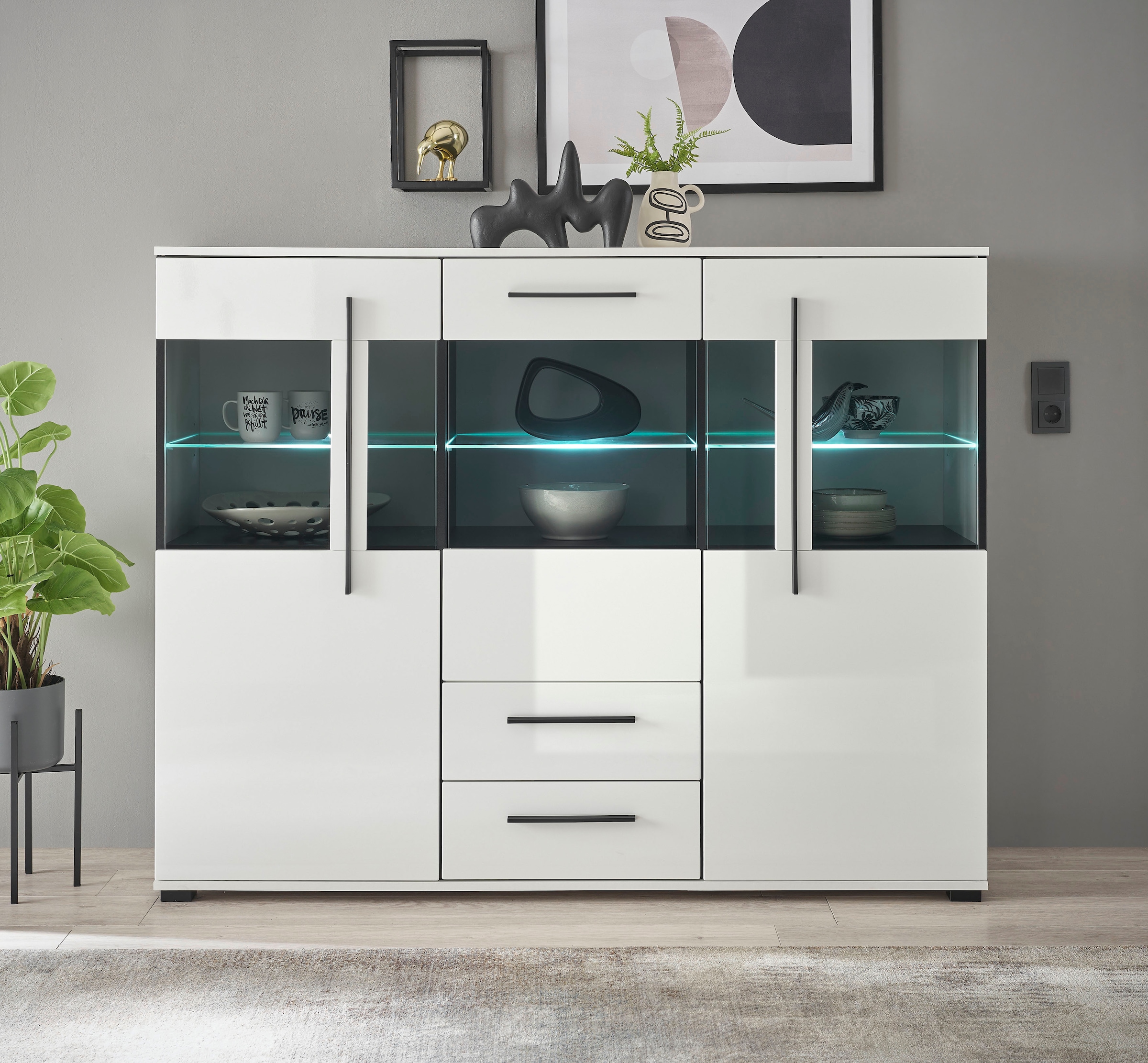 INOSIGN Highboard »Cantara, moderner Schrank, Vitrine in Eiche Dekor oder weiss«, schwarze Stangengriffe, ausreichend Stauraum, vielseitig einsetzbar