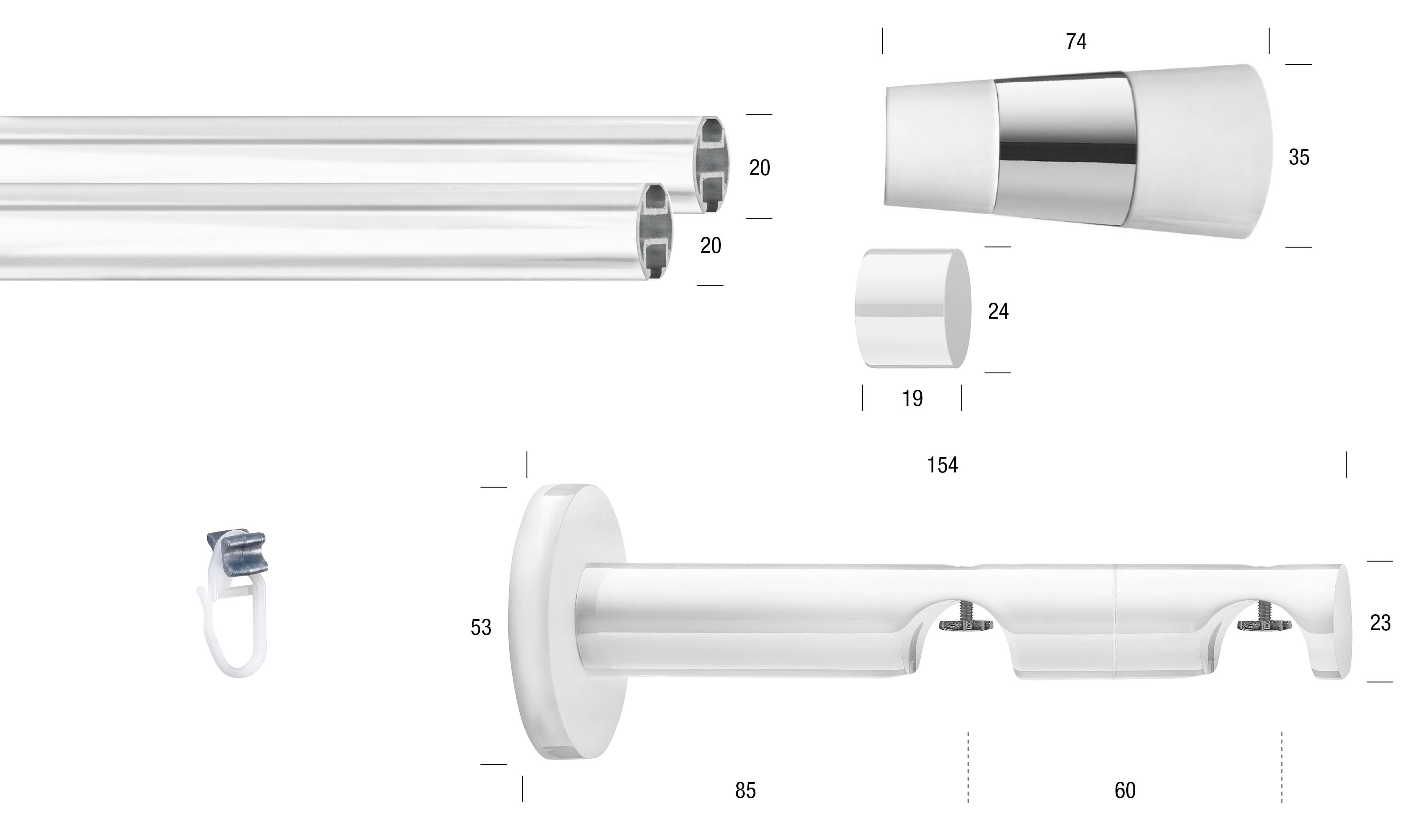 GARESA Gardinenstange "WHITE" Ø 20 mm 2 läufig-läufig Wunschmasslänge Vorhanggarnitur, Innenlauf, verlängerbar, Wandmont., Endknopf 2-färbig