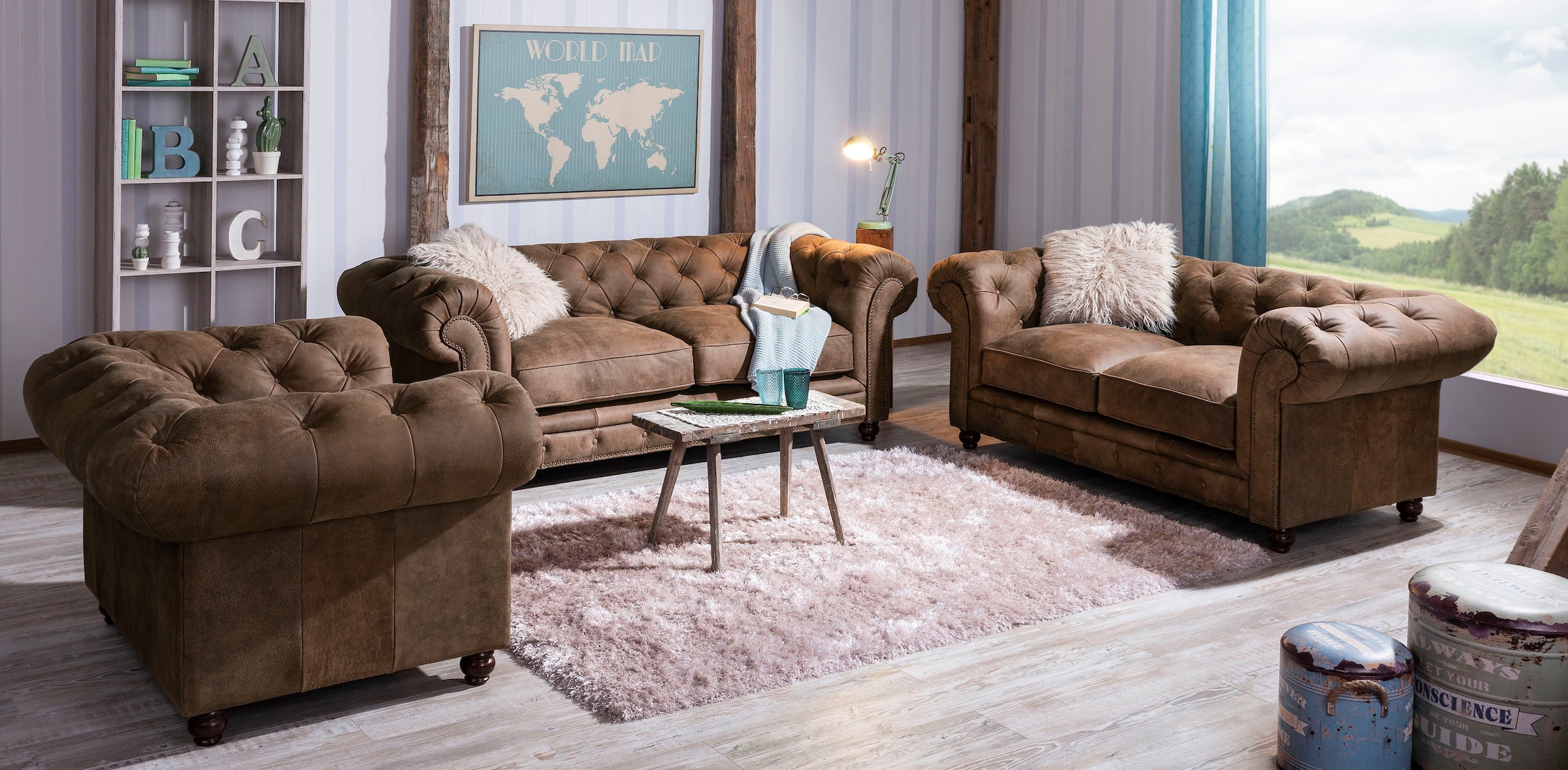 Max Winzer® Chesterfield-Sofa »Old England«, 2,5-Sitzer Ledersofa mit Knopfheftung & Ziernägeln, Breite 218 cm