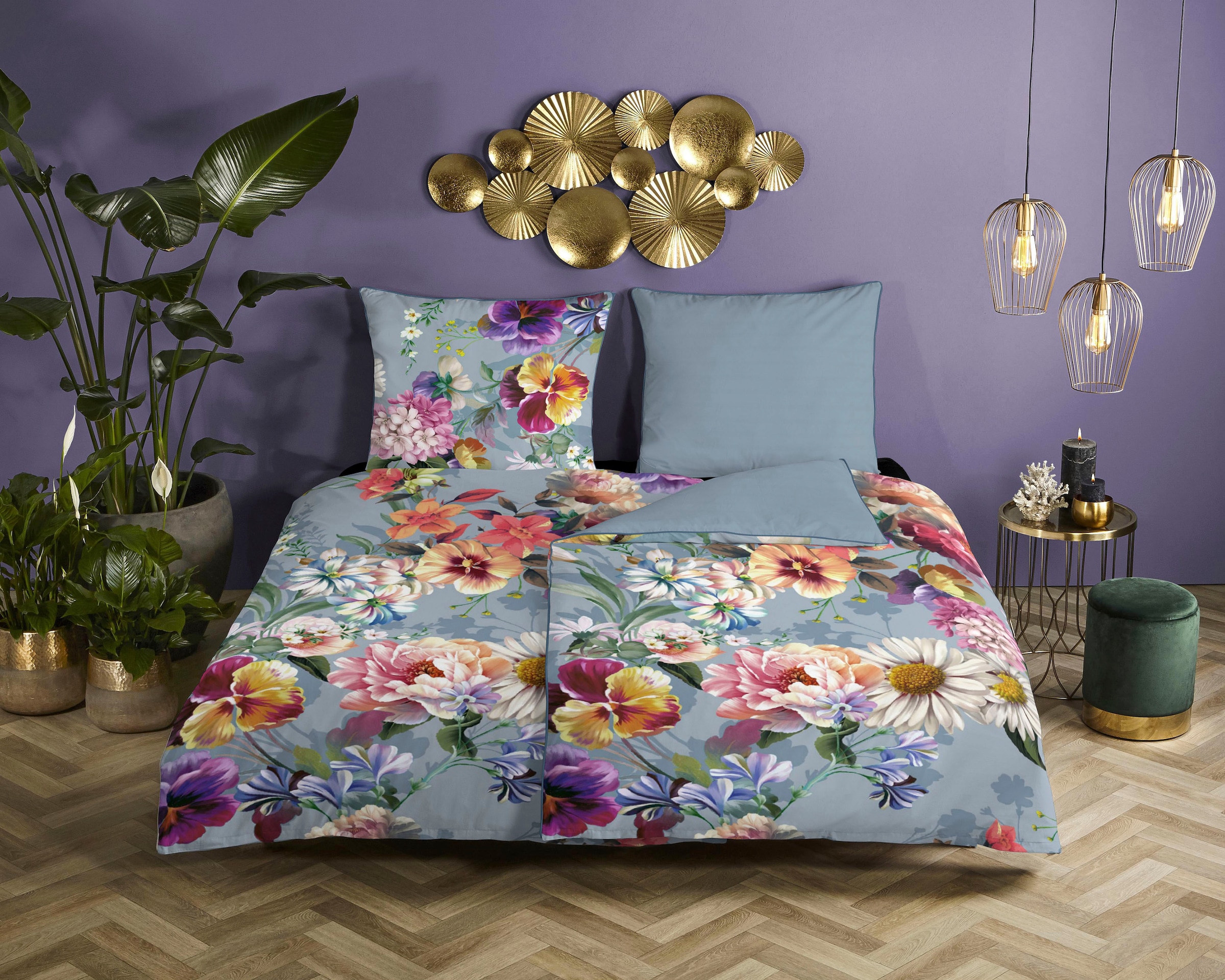 Descanso Wendebettwäsche »Novara«, Baumwolle, Satin, 135x200, Biese, Reissverschluss, Wende, Blumen, Natur