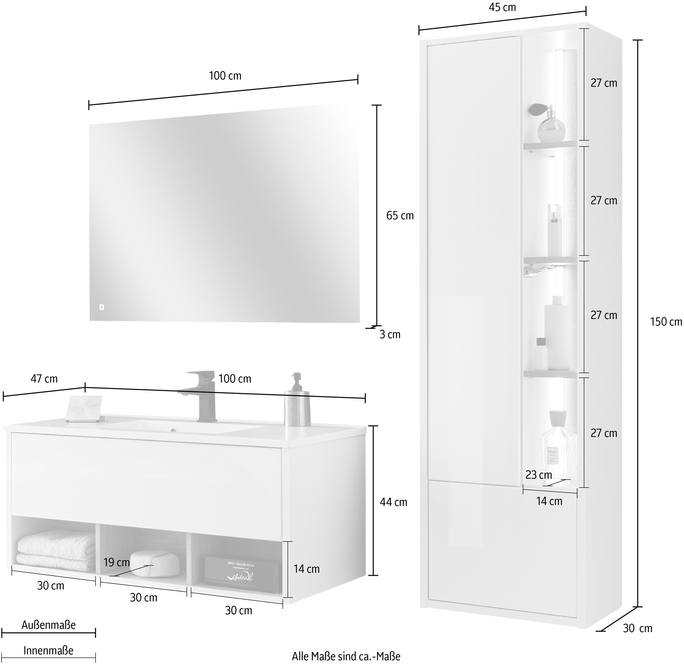 Places of Style Badmöbel-Set »Studio Line, Bad im modernen Design, 3-teiliges Badezimmer«, (3 St.), Schrank, Waschtisch und Spiegel, in zwei Farben verfügbar, Stauraum