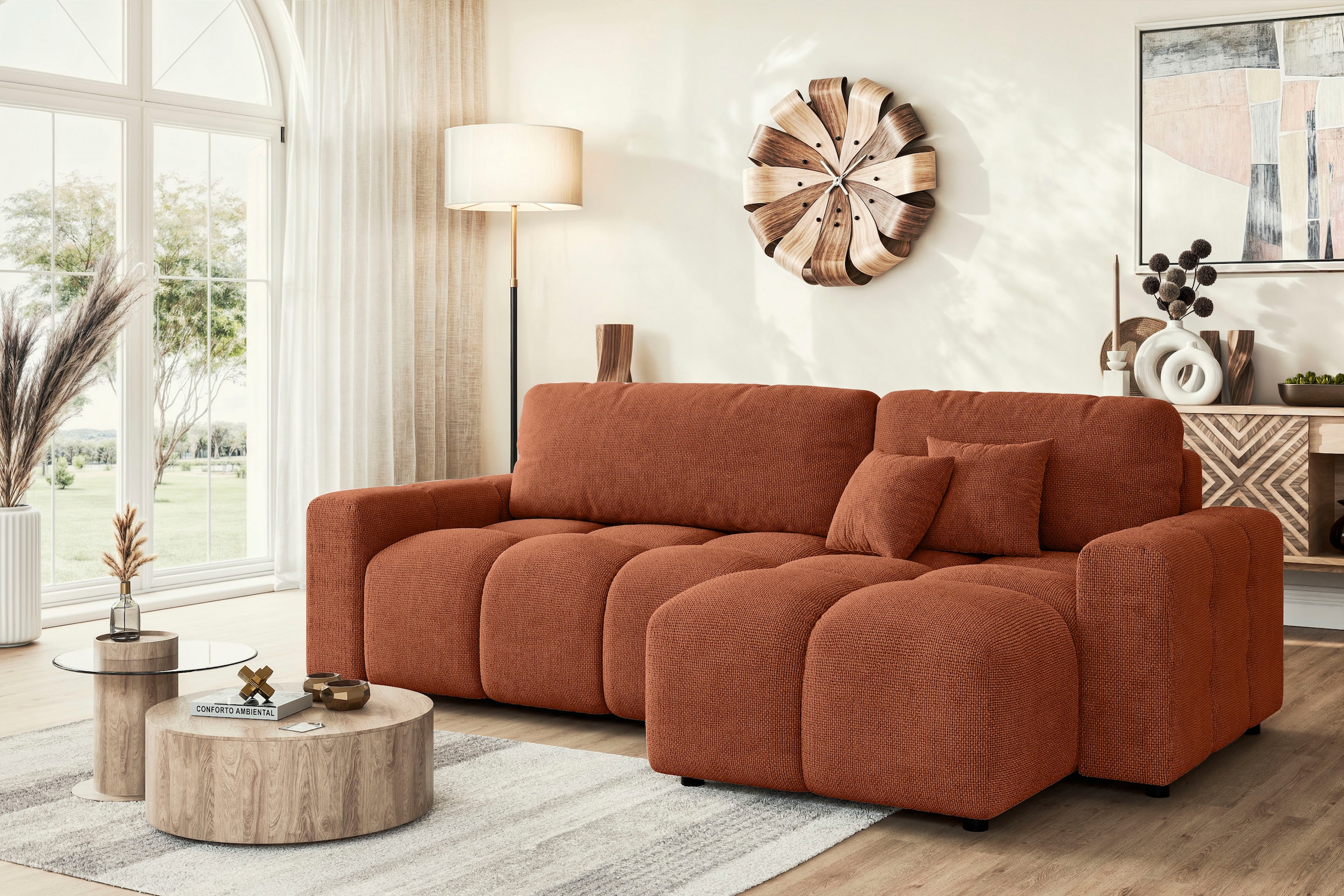 INOSIGN Ecksofa »FELICI, Schlafsofa 233cm, L-Form mit Recamiere beidseitig montierbar«, Designsofa mit Bettfunktion und Bettkasten, Masse B/T/H: 233/142/88 cm