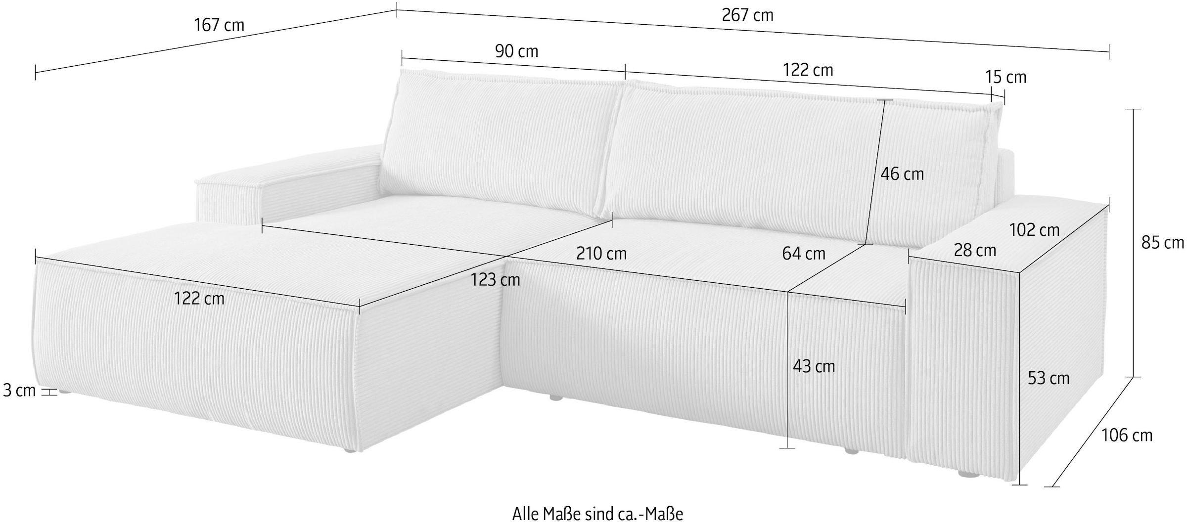 Home affaire Ecksofa SHERWOOD Schlafsofa 267 cm, L-Form, Schlaffunktion mit Bettkasten (210x136 cm), Cord, Vintage, Samtvelours