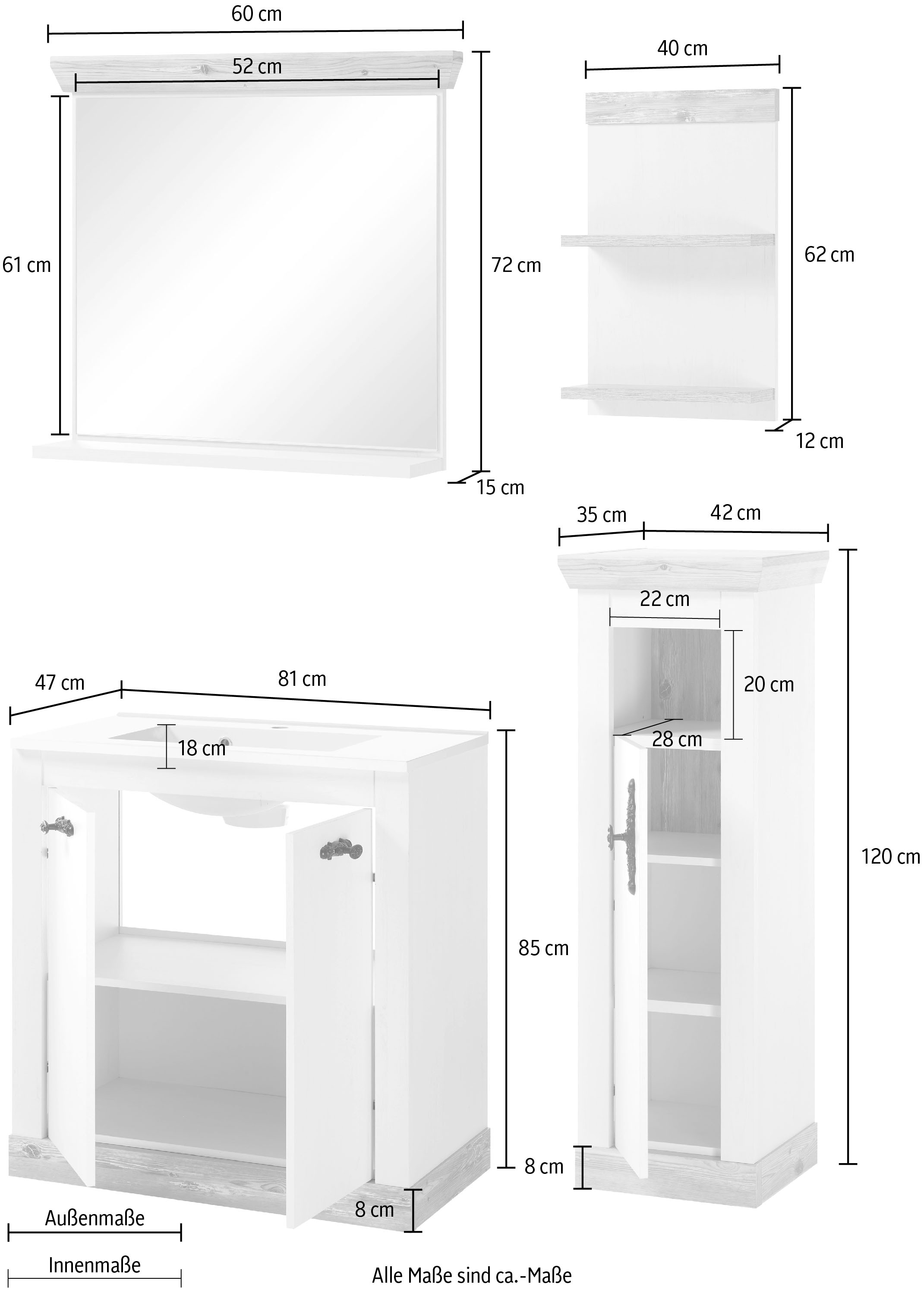 Home affaire Badmöbel-Set »Florenz, Bad im Landhausstil, 4-teiliges Badezimmer«, (4 St.), Waschtisch, Schrank, Wandregal und Spiegel, in Pinie Weiss, Stauraum