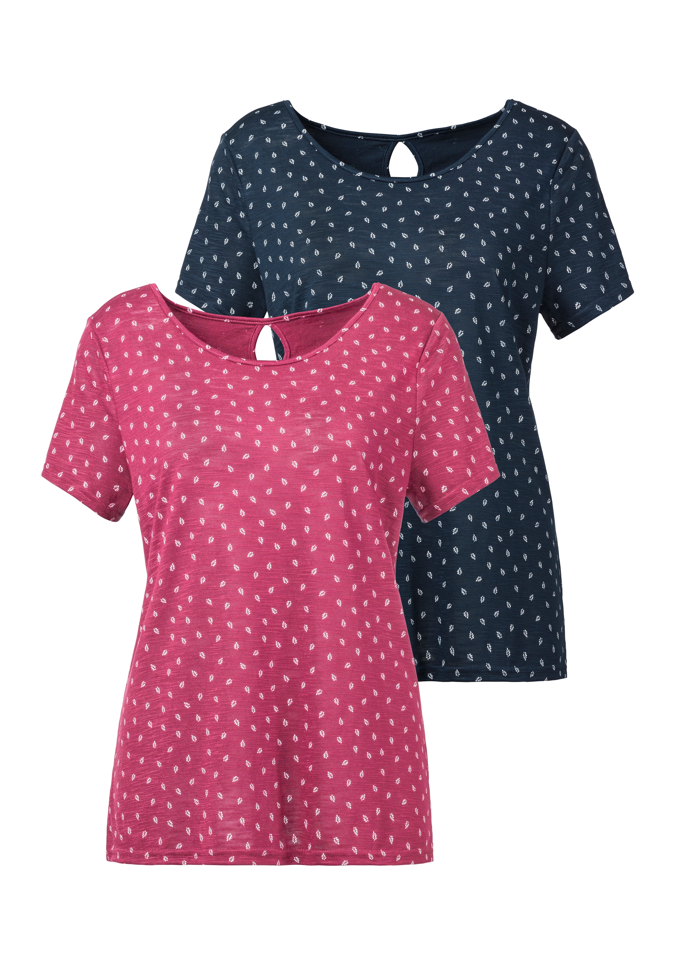 LASCANA T-Shirt, (2er-Pack), mit süssem Blätter-Druck und Cut-Out im Nacken