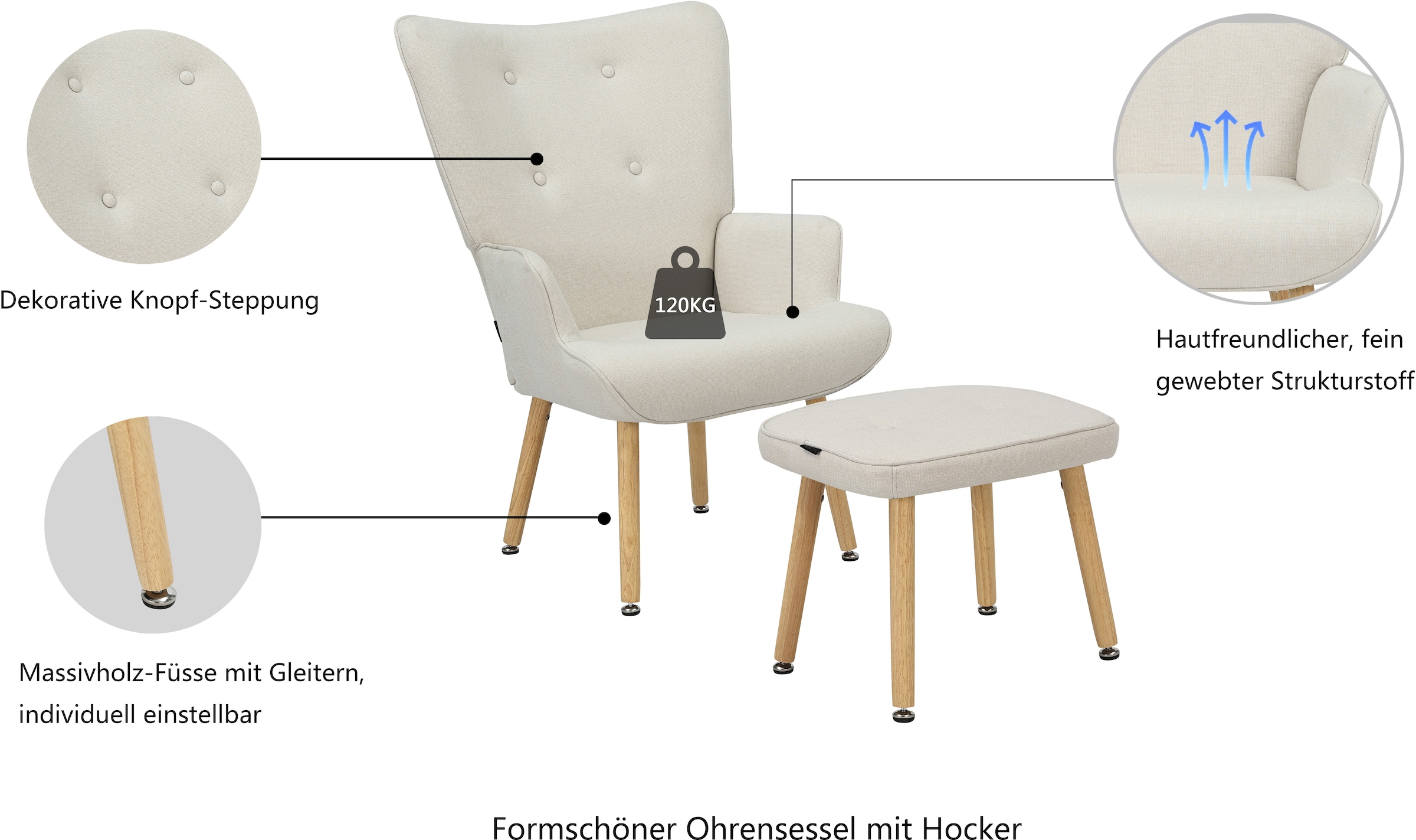 INOSIGN Ohrensessel »PERHAM, Sessel mit Hocker im Set, Knopfheftung, Massivholz-Füsse,«, komfortabler Relaxsessel und Sitz-Hocker mit Strukturbezug