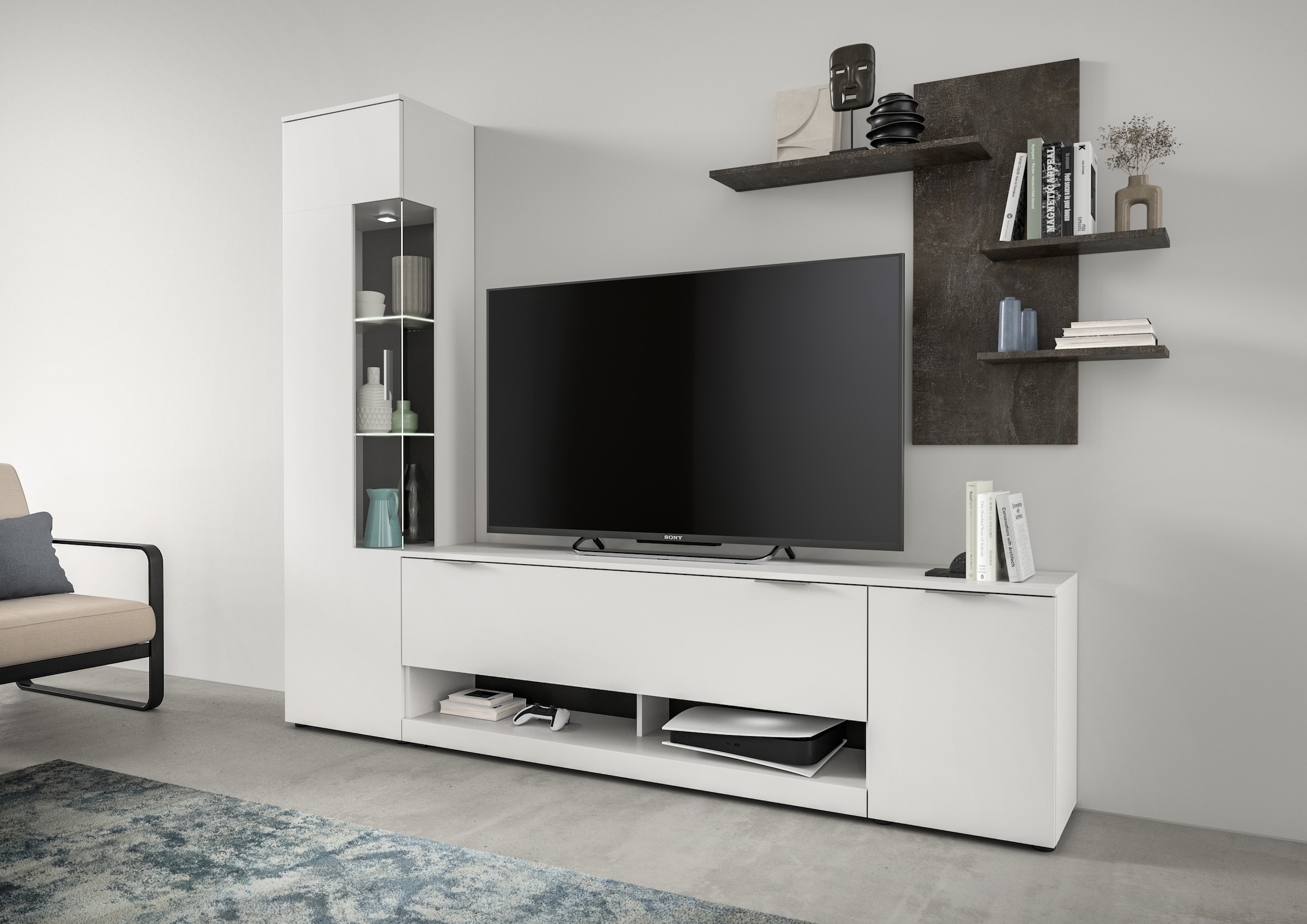 INOSIGN Wohnwand »Porto, Breite 250cm, in Weiss/Beton Nachbildung«, (3 St.), TV-Wand, Mediawand, Lowboard, Vitrine, Wandboard