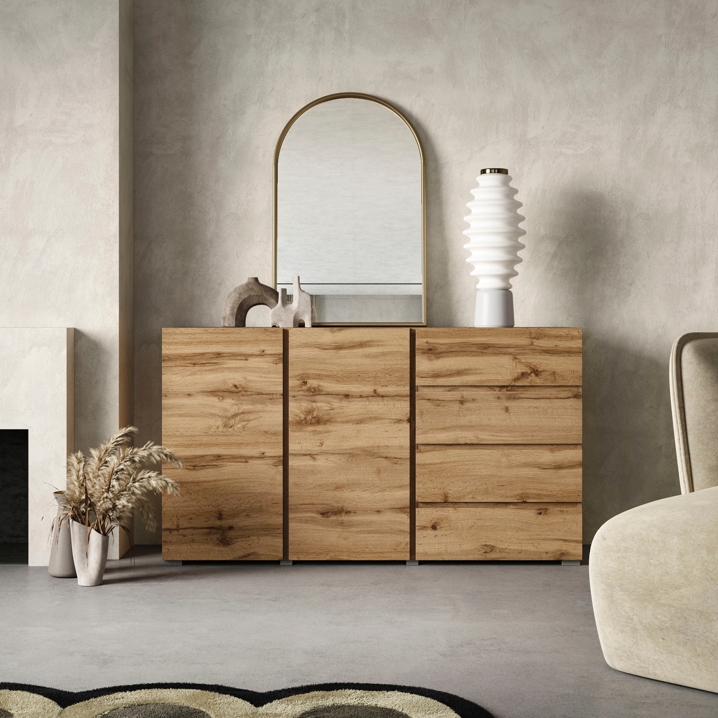 INOSIGN Sideboard »Asymetric,Breite 138 cm, grifflose Kommode 2 Türen/4 Schubkästen«, Schubladenschrank mit viel Stauraum, Einlegeböden verstellbar