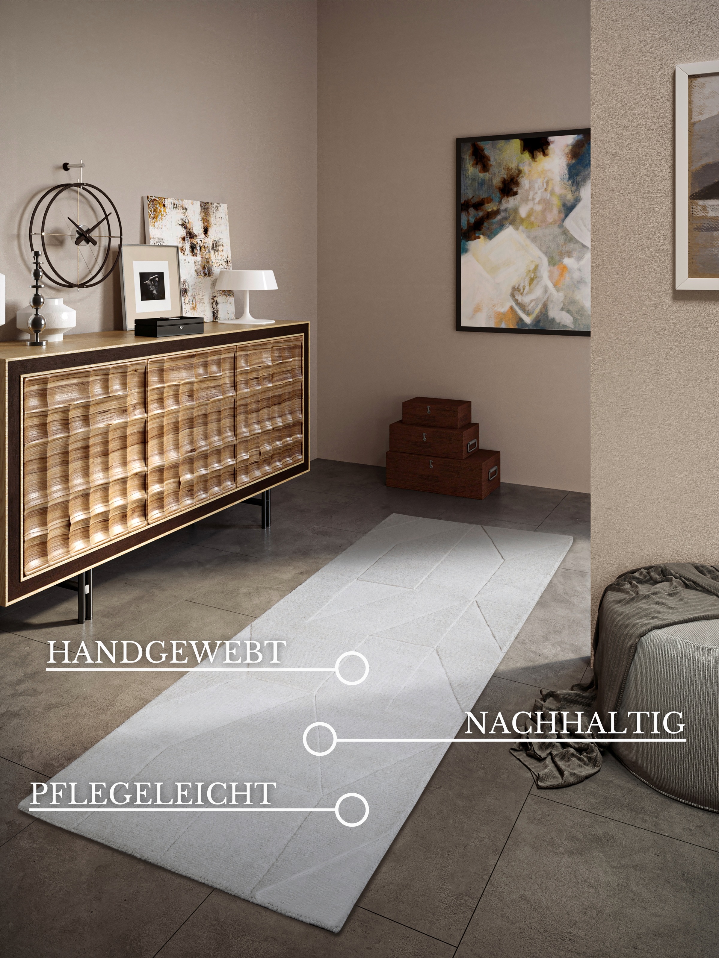 Villeroy & Boch Wollteppich »Ursule«, rechteckig, 10 mm Höhe, Läufer, handgewebt, Wolle, Natur, Wohnzimmer, Geometrie, Boho
