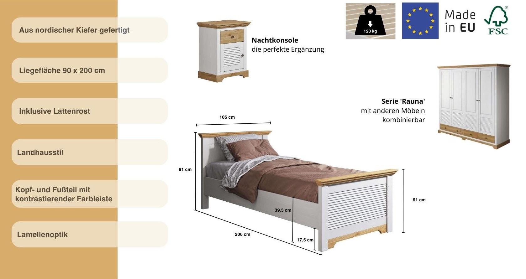 Home affaire Bett »Rauna, Landhausstil, edles Design mit Lamellen und Kassetten, 2 Farben«, (Breite/Belastbarkeit 180cm=220 KG, 90cm=120KG), FSC® zertifiziertes Kieferholz, massive Qualität mit Lattenrost