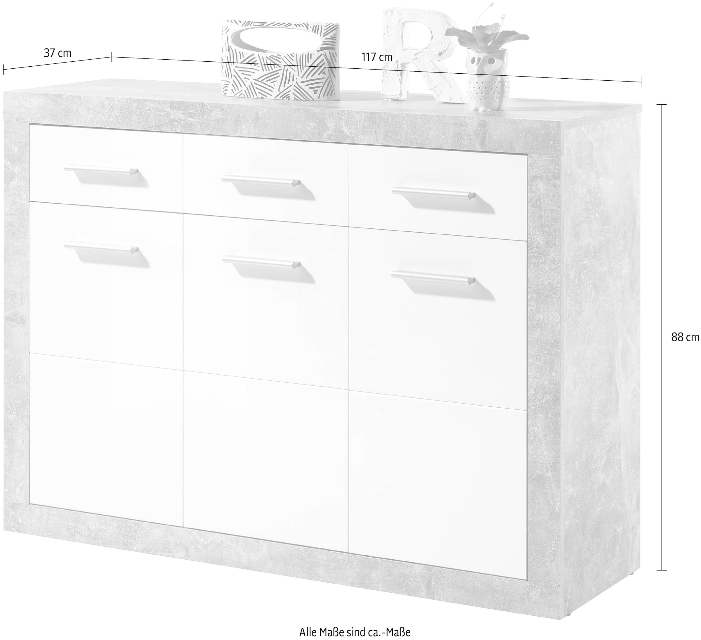 HBZ Kommode »Stone 2 weiss Glanz, BxHxT 117x88x37 cm«, Kommode mit 3 Türen, 3 Schubkästen, 2 Einlegeböden
