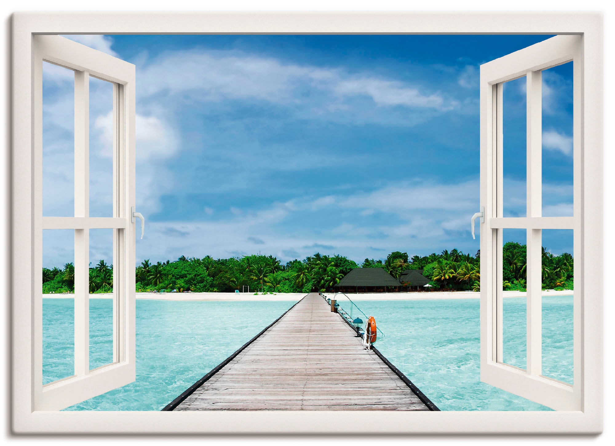 Paradies«, in als Poster Jelmoli-Versand | oder Wandaufkleber online Grössen maledivischen Wandbild (1 St.), Leinwandbild, shoppen Artland Fensterblick, »Fensterblick versch.