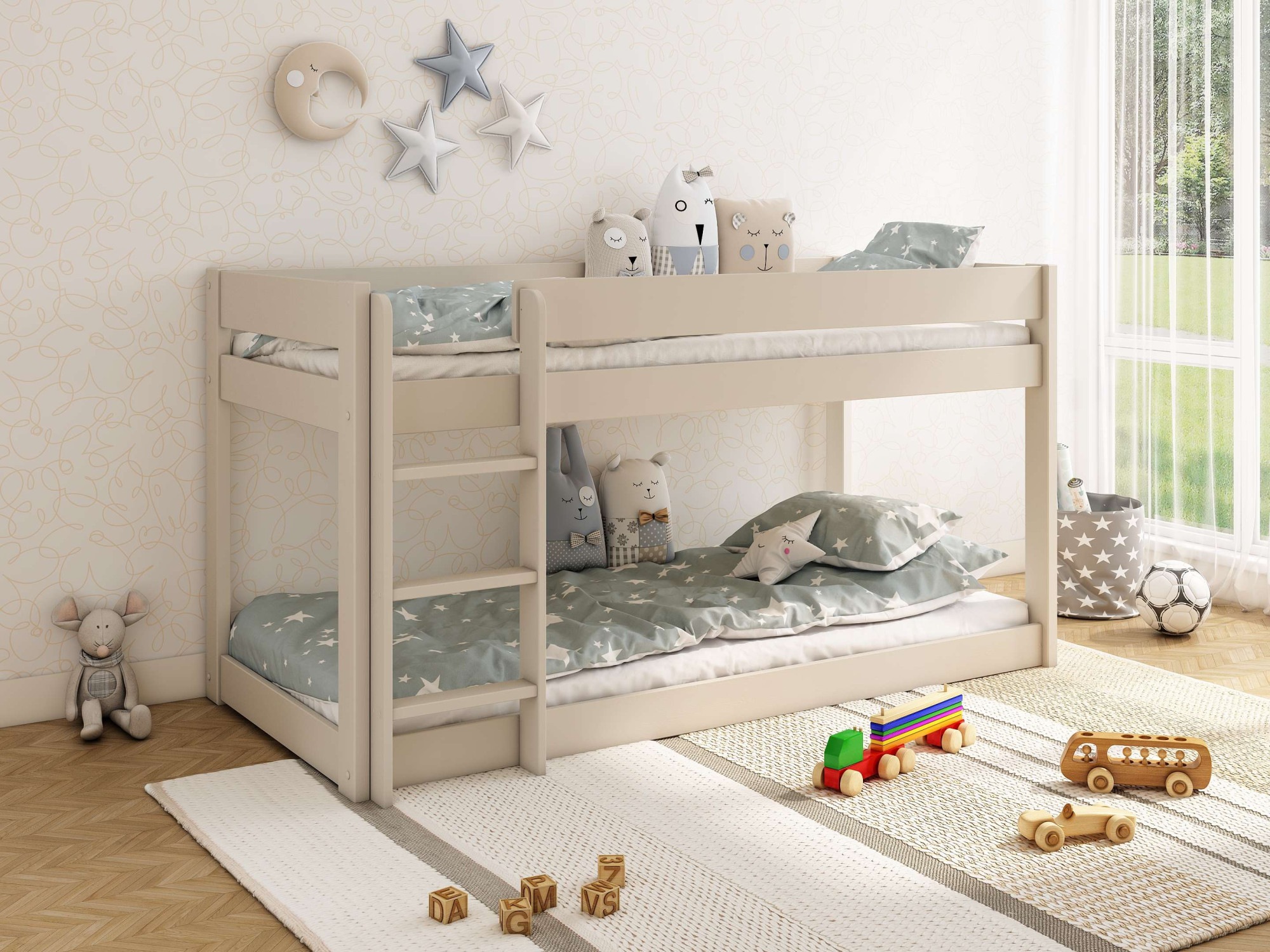 GOODproduct Kinderbett "ROBIN,Bodenbett,Etagenbett,Leiter/Einstieg seitenverkehrt montierbar" 2 Grössen, Montessori Stil, zertifiziertes Massivholz