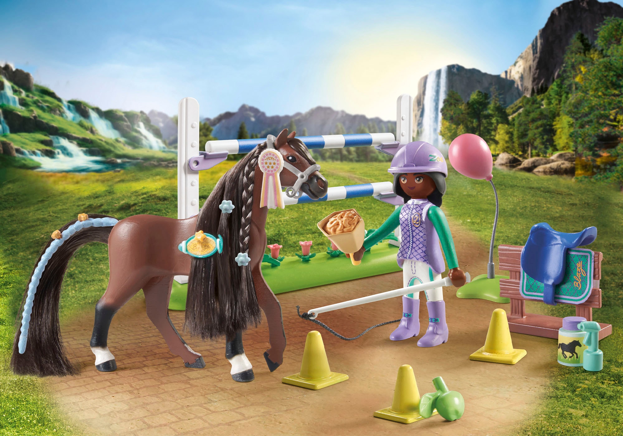 Playmobil® Konstruktions-Spielset »Zoe & Blaze mit Turnierparcours (71355), Horses of Waterfall«, (67 St.), teilweise aus recyceltem Material