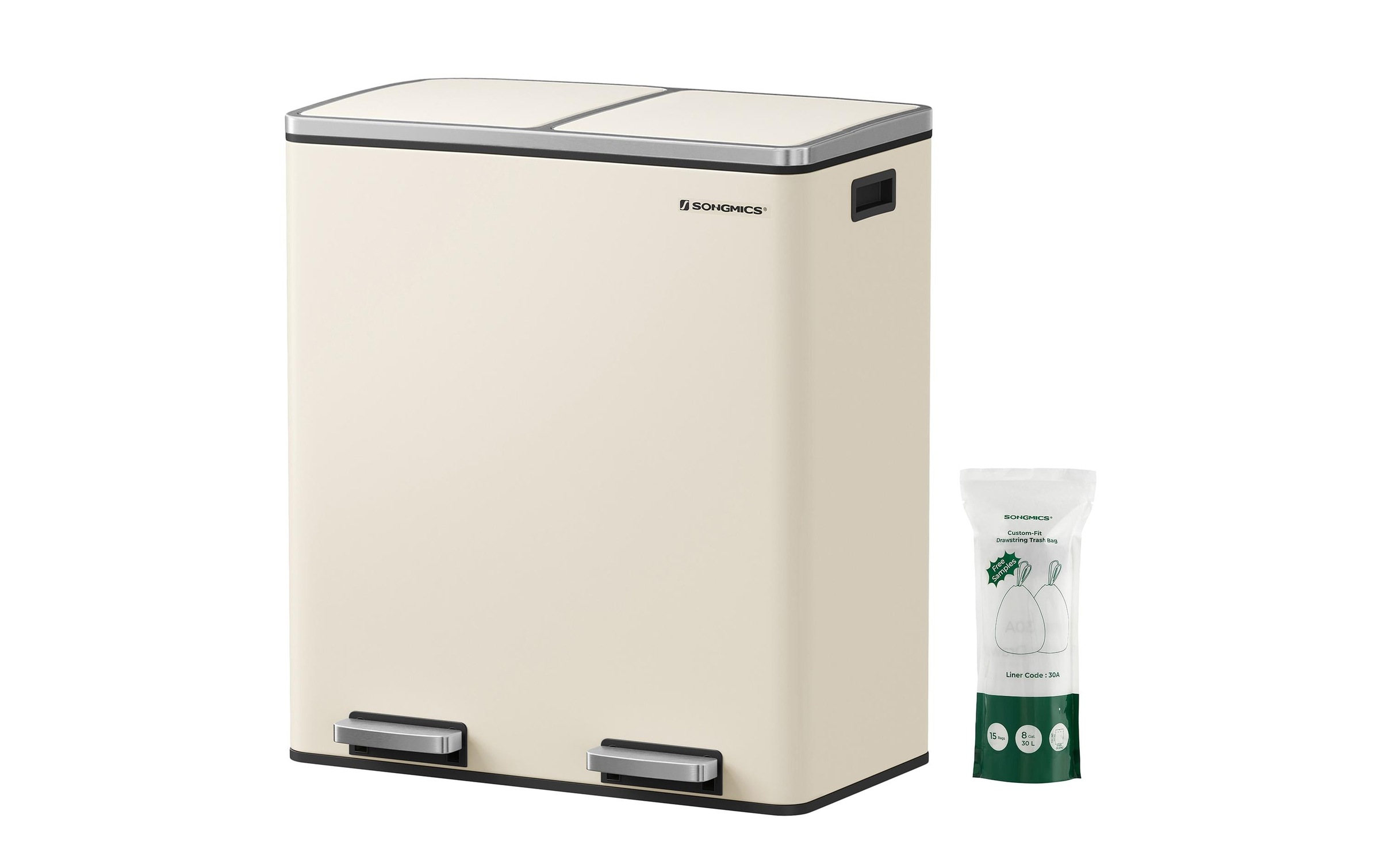 Songmics Prullenbak, 2X30 Liter, 2 Handventilator, Afvalscheidingssysteem, Pedaalemmer, Vuilnisbak Keuken, 15 Vuilniszakken, Metaal