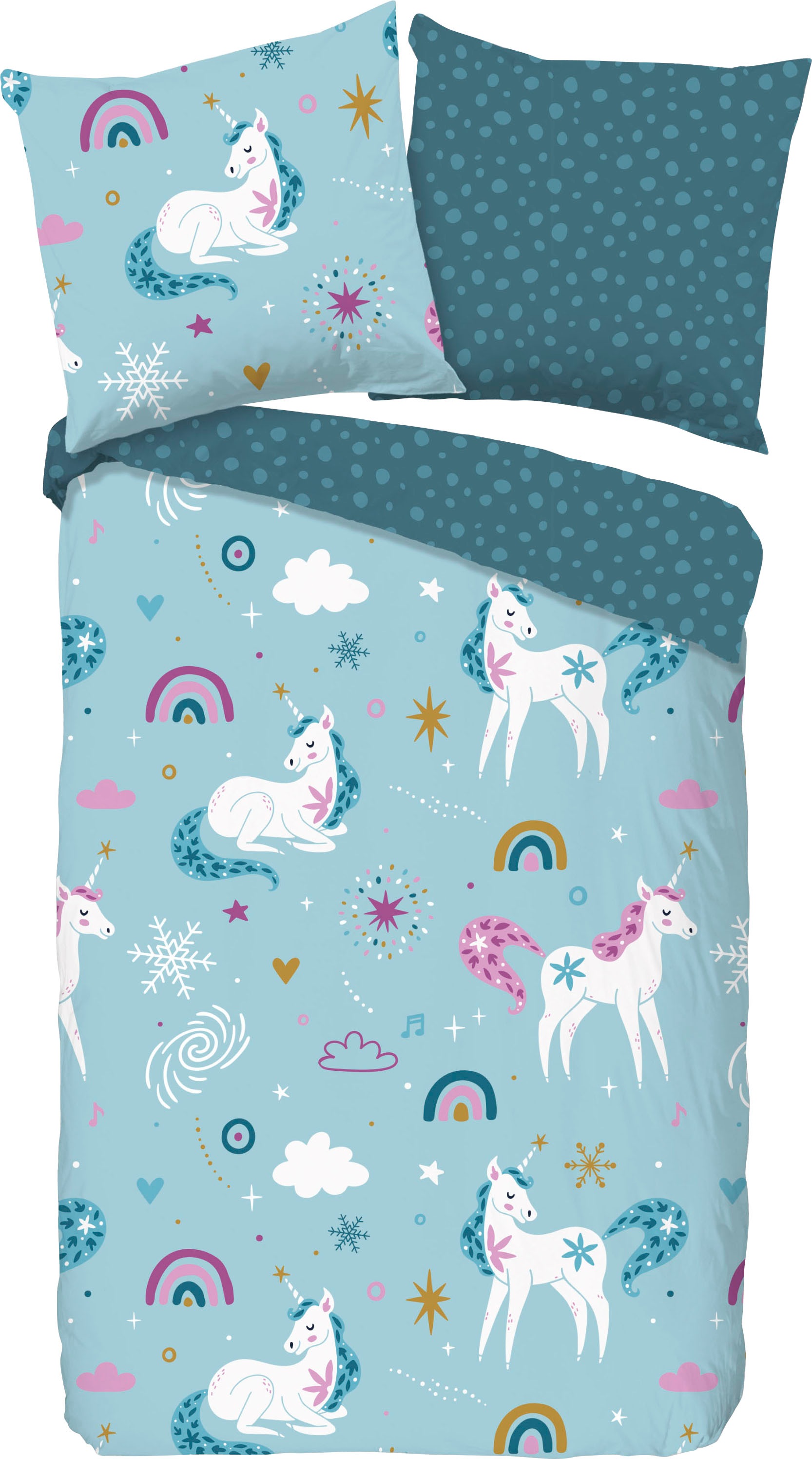 good morning Kinderbettwäsche »Snowycorn«, Biber, 135x200, Warm, Reissverschluss, Wendeoptik, Kind, Einhorn