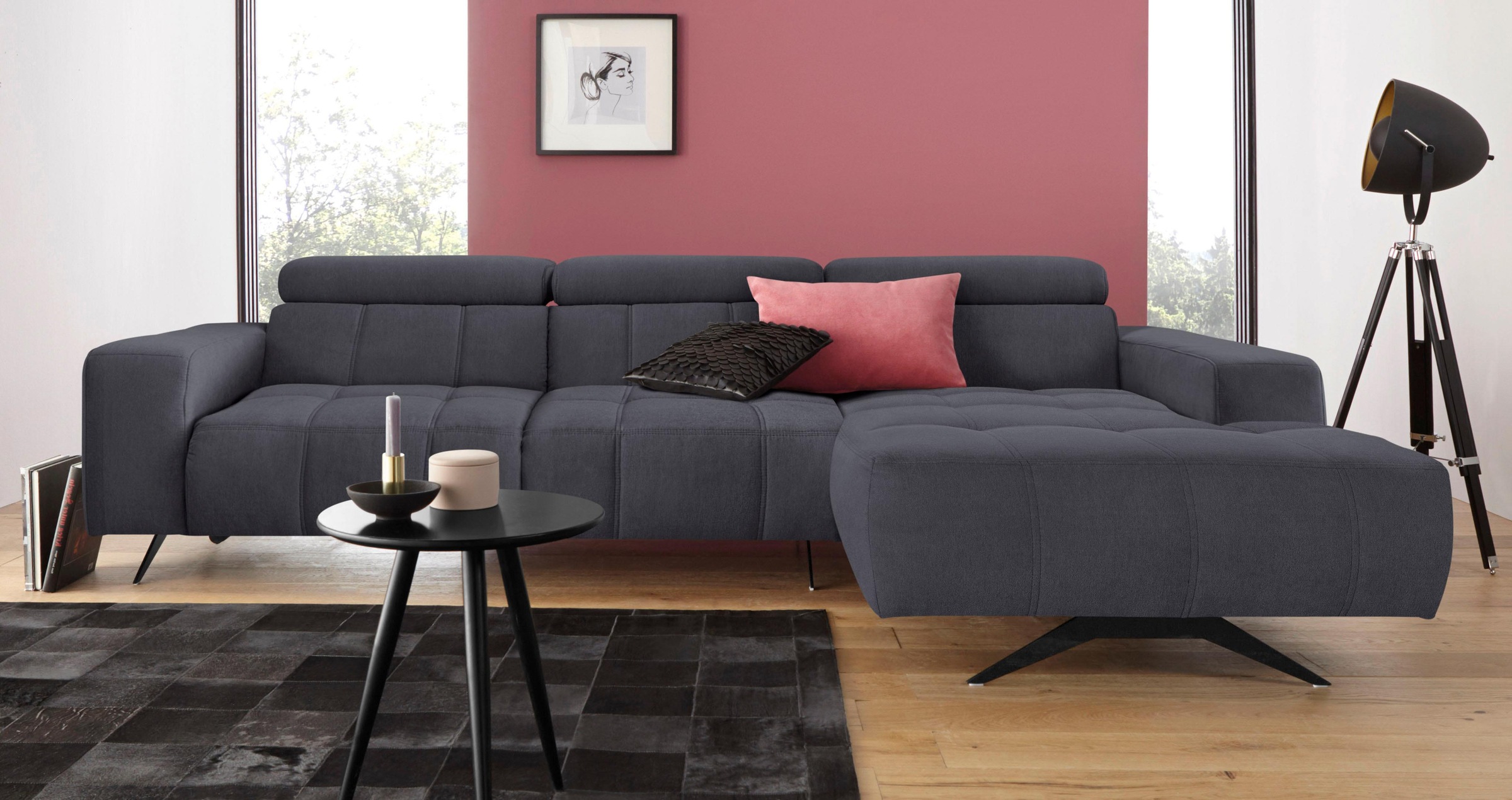 DOMO collection Ecksofa »Trento L-Form, mit Kufenfuss oder Einzelfuss«, wahlweise mit Kopfteilverstellung, Recamiere links/rechts bestellbar