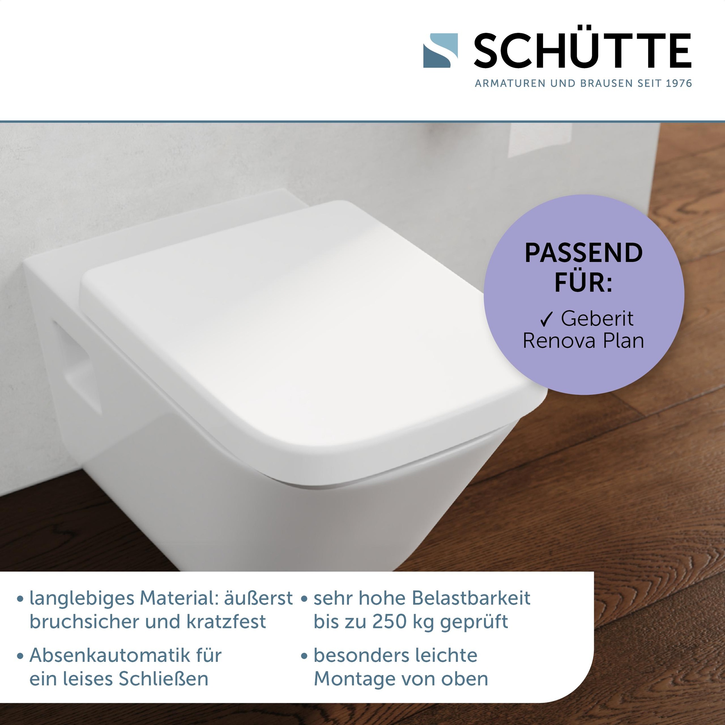 Schütte Sedile Wc Adatto Per Geberit Renova Plan, Con Abbassamento Automatico, Made In Eu, Coperchio Rimovibile In Termoindurente Infrangibile, Coperchio Wc E Occhiali Fino A 250 Kg, Bianco