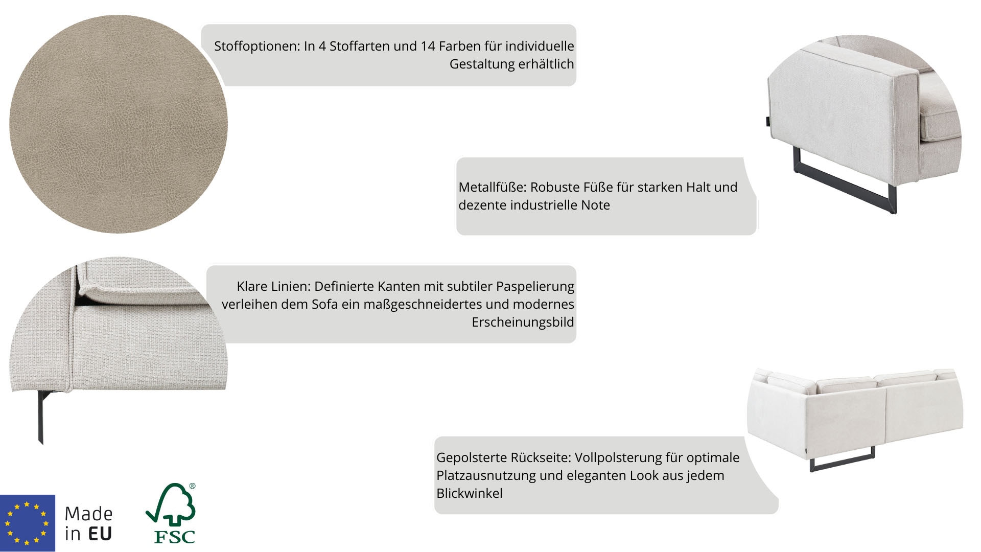 Places of Style Ecksofa »Pinto, 290 cm, Cord, Chenille, Lederoptik, Ottomane links / rechts«, mit Keder, schwarze Metallfüsse, Wellenunterfederung