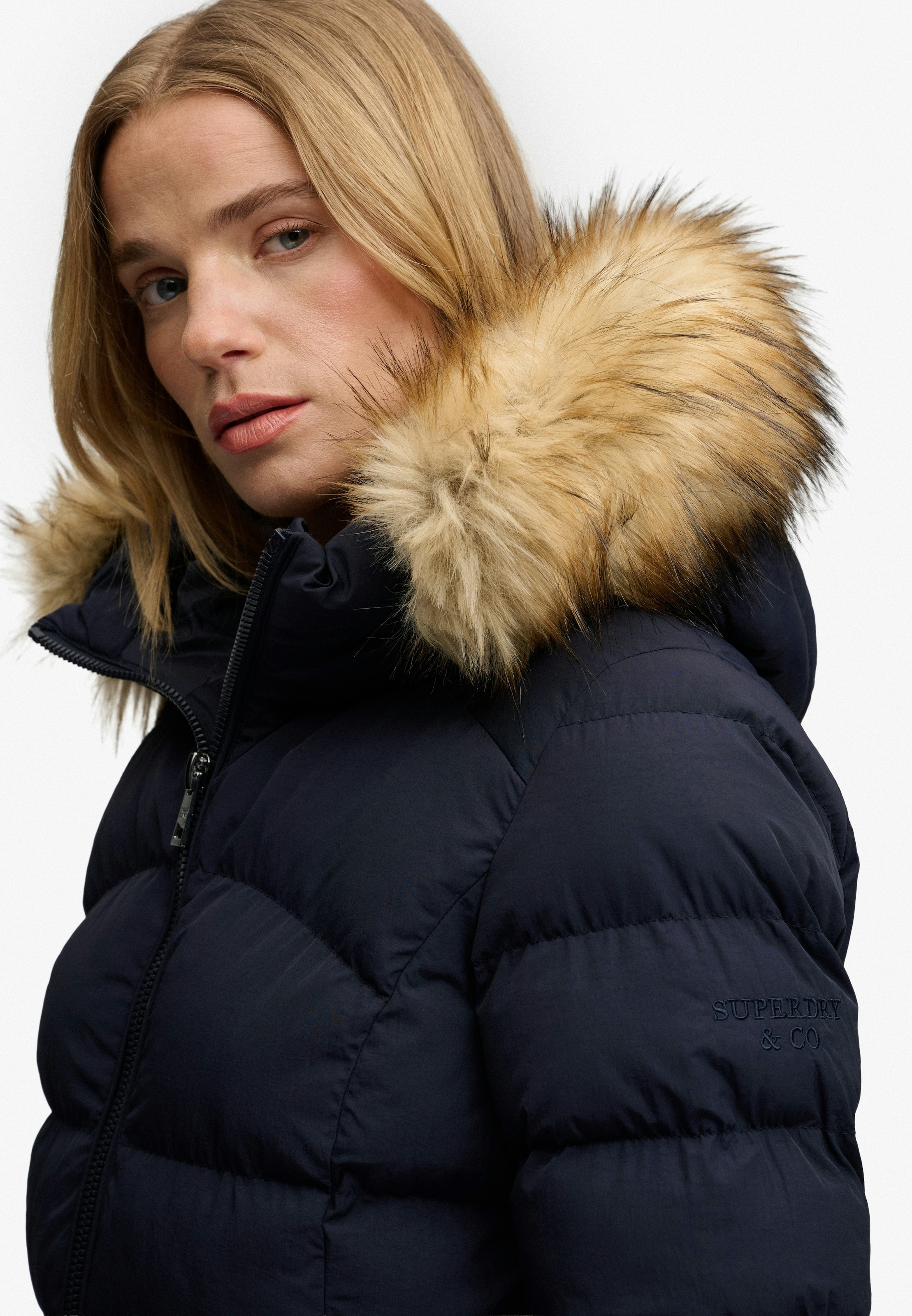 Superdry Steppjacke "HOOD FAUX FUR FUJI MID LENGTH" mit Kapuze Kunstfaser, slim fit