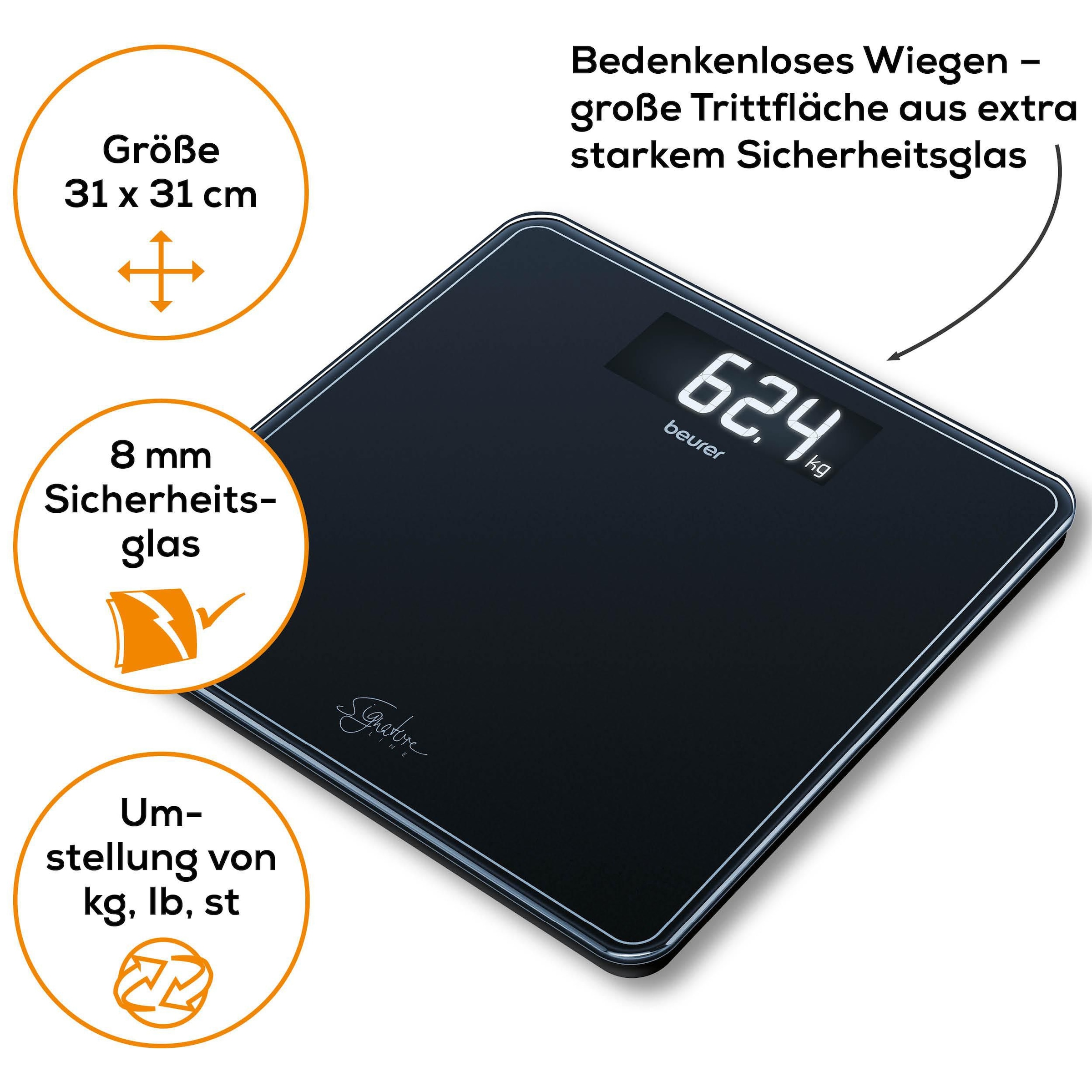 BEURER Personenwaage »GS 400, grosse Trittfläche mit 8 mm weissem Sicherheitsglas«, XL-Display, Tragkraft bis 200 kg und praktische Einschaltautomatik
