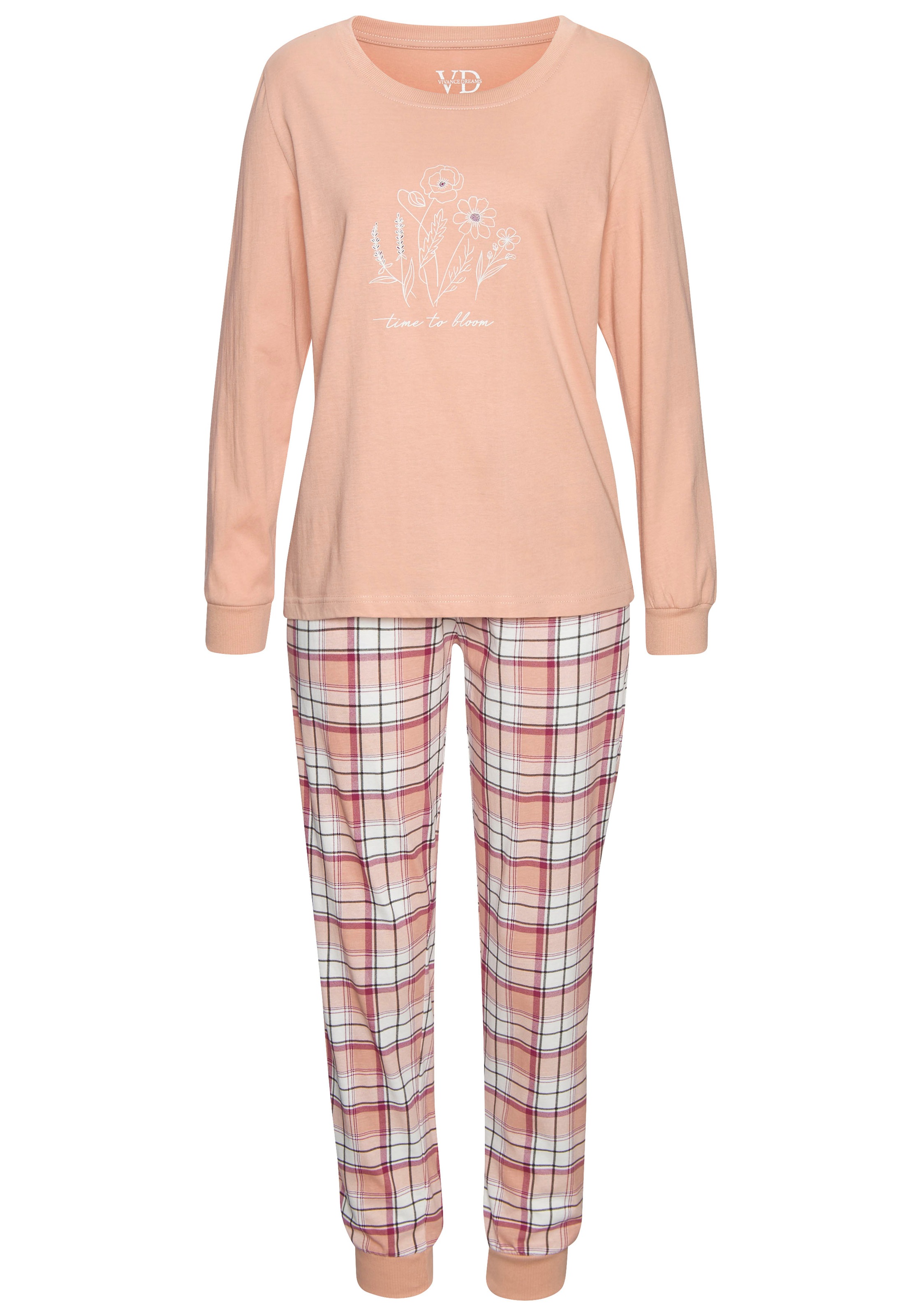 Vivance Dreams Pyjama, (Set, 2 Stück), Langarmshirt mit süssem Frontprint und karierter Hose