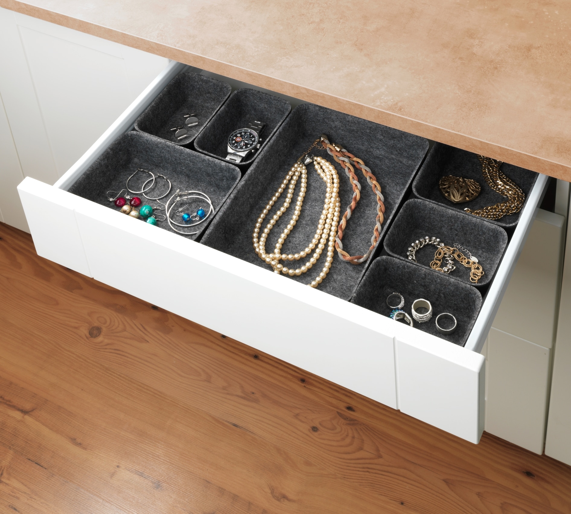 WENKO Organizer, (Set, 7 St.), Aufbewahrungsboxen für Schubladen, 3 Grössen, recycelter Polyesterfilz