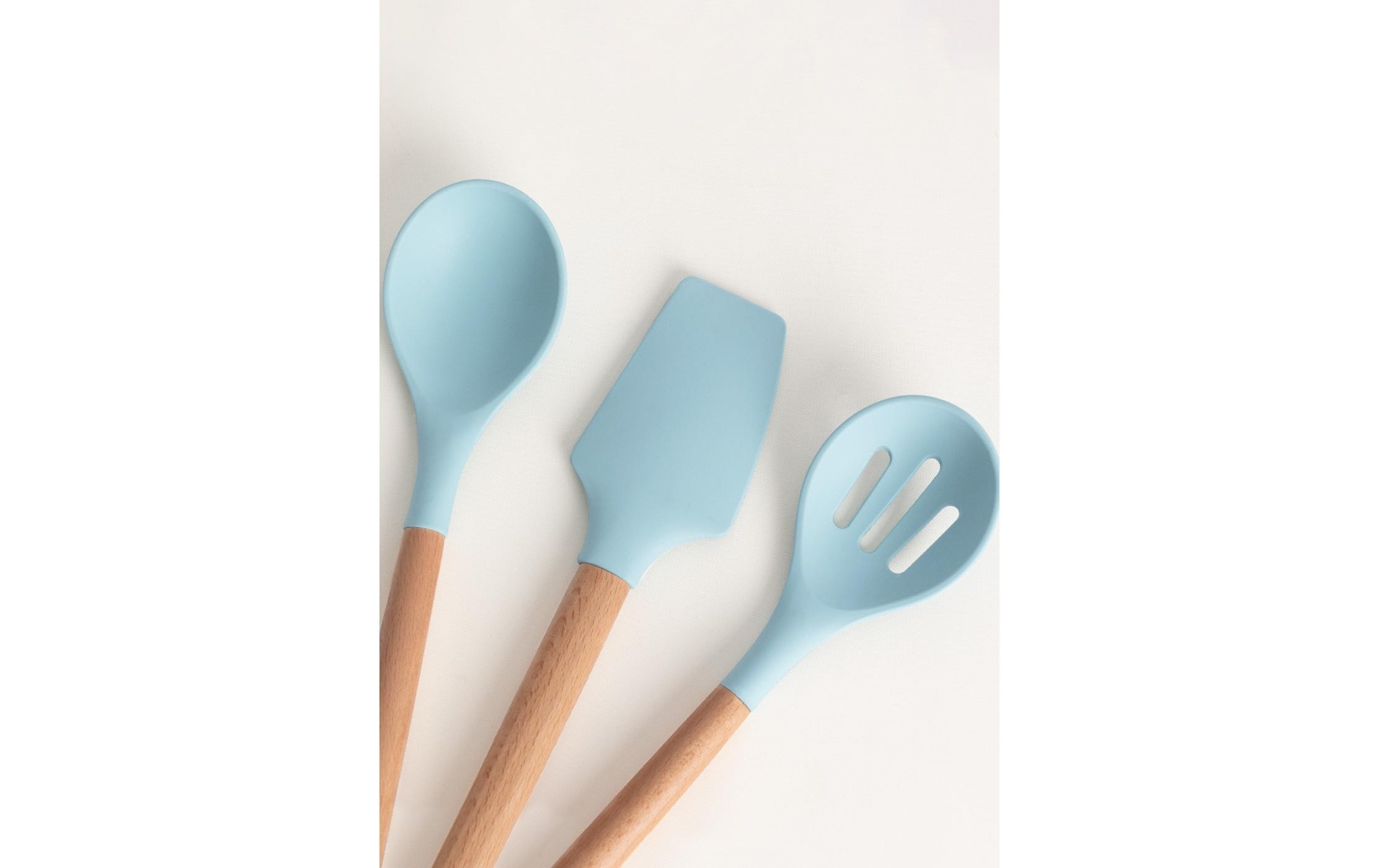 KITCHENWARE STUDIO - Utensiles de cuisine en silicone et bois - Bleu pastel