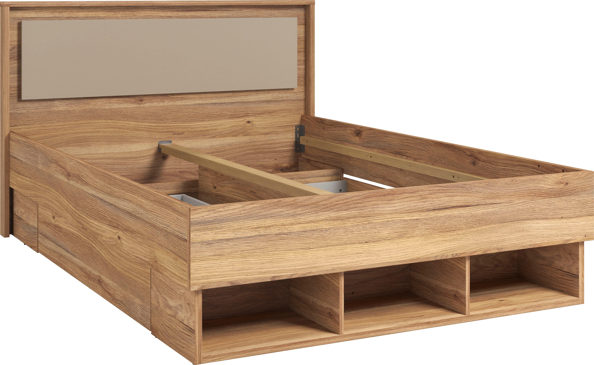 INOSIGN Bettgestell »Wharton, 140, 160 oder 180cm Breite, Made in Europe«, (mit oder ohne Stauraumschubladen), Doppelbett mit offenen Regalen, FSC-zertifizierter Holzwerkstoff