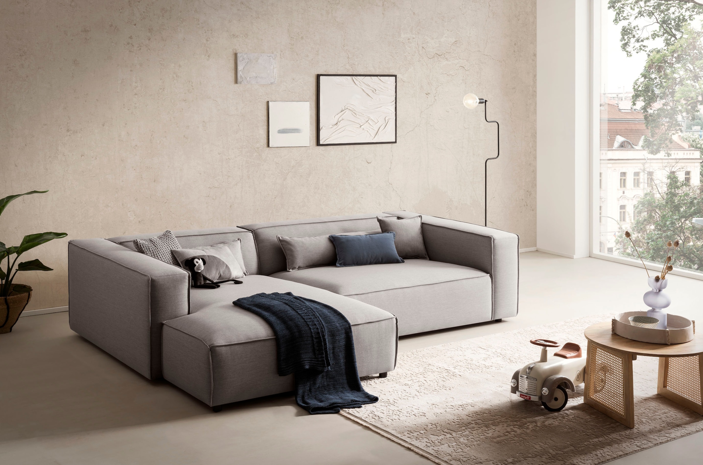 LeGer Home by Lena Gercke Ecksofa »PIARA XXL, Big-Sofa in Cord oder Leinenoptik, L-Form, mit Kedernaht«, wahlweise Ottomane rechts/links, schwarze Füsse, extra tiefe Sitzfläche