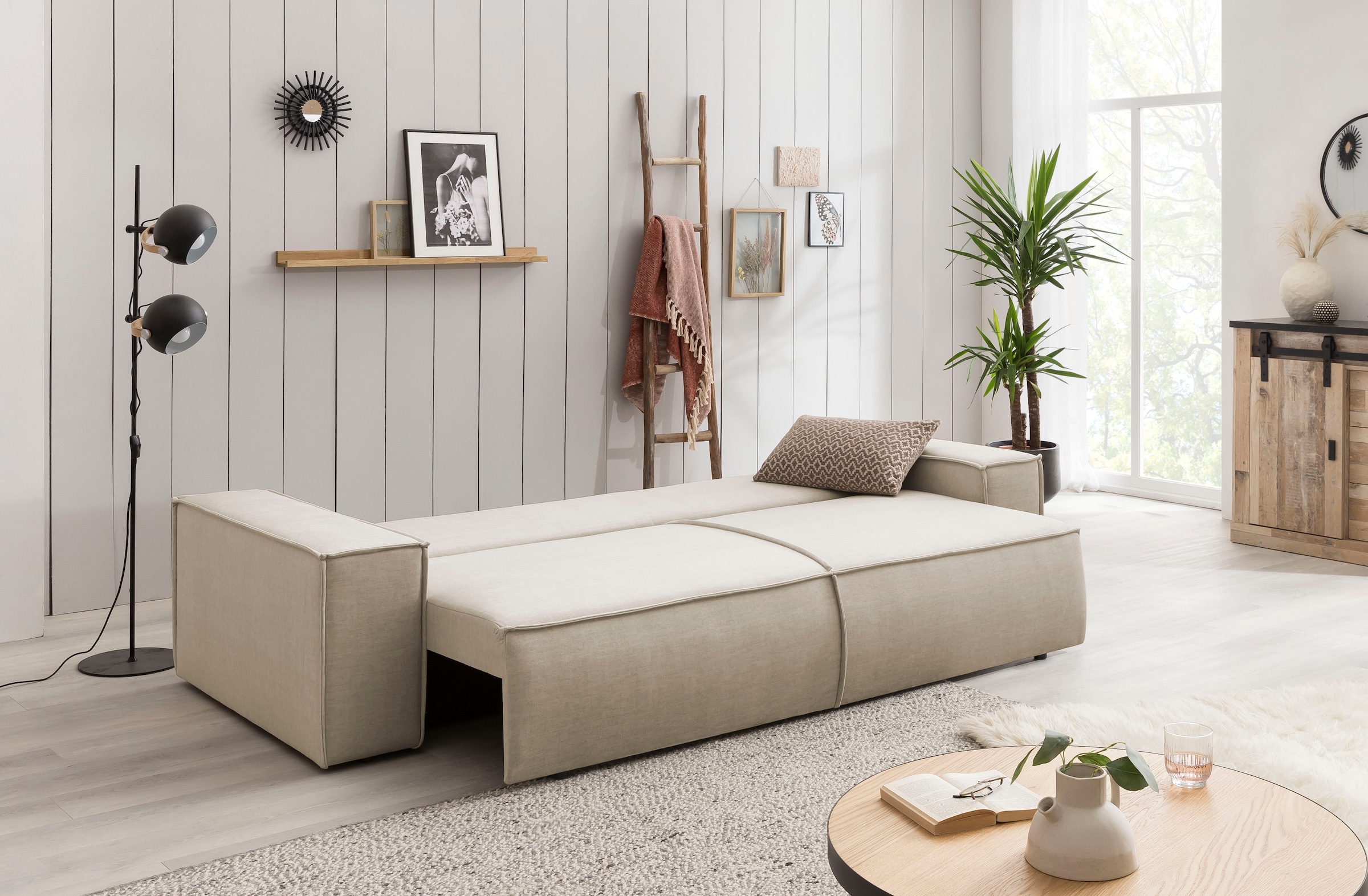 Home affaire 3-Sitzer »SHERWOOD Schlafsofa (257cm) Cord, Samtvelours, Vintage-Lederoptik«, Schlaffunktion mit Bettkasten (ca. 136/200cm)