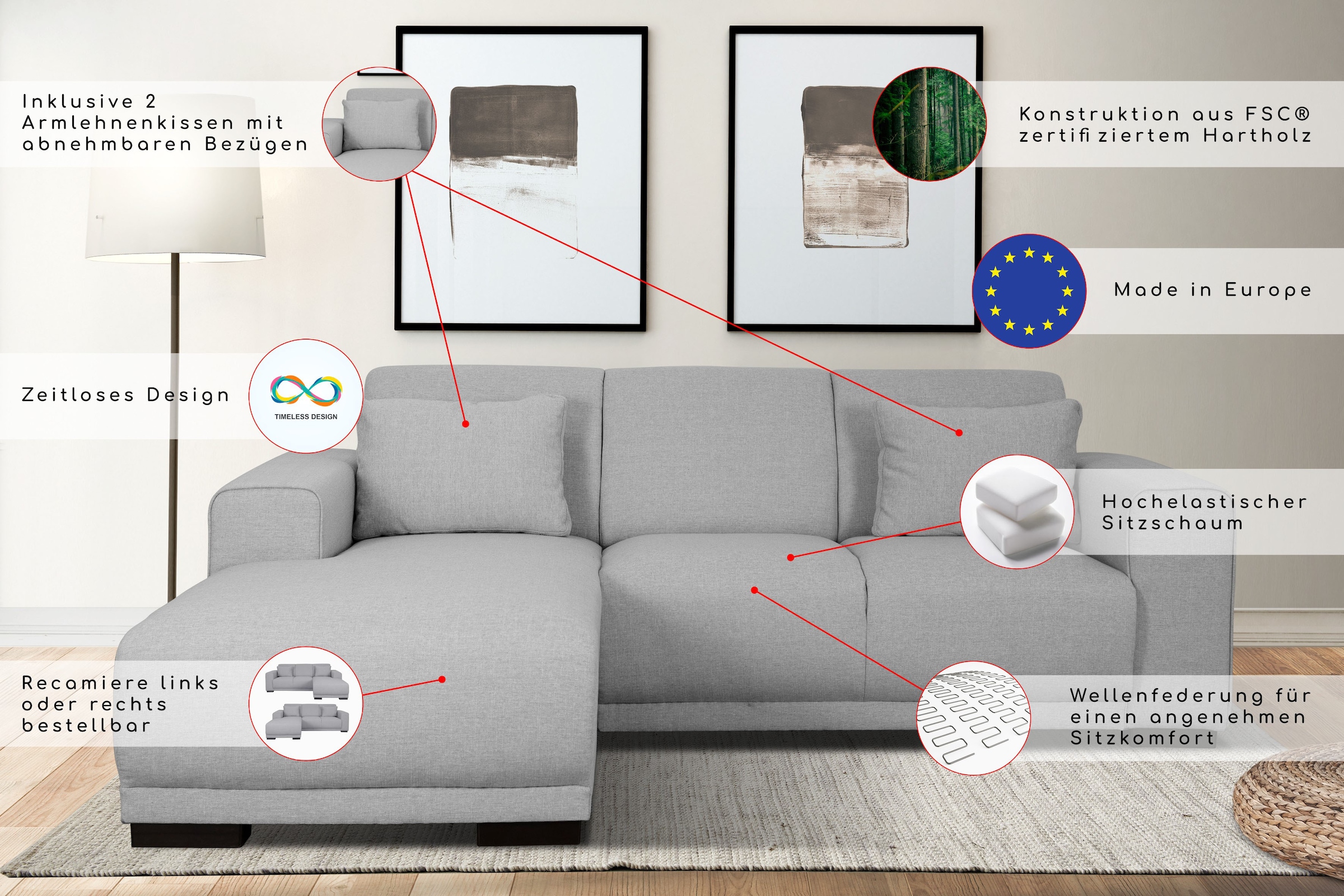 Home affaire Ecksofa »BORNHOLM L-Form mit Recamiere, Masse B/T/H: 234/162/85 cm«, Recamiere links oder rechts bestellbar, Wellenfederung, inkl. 2 Kissen