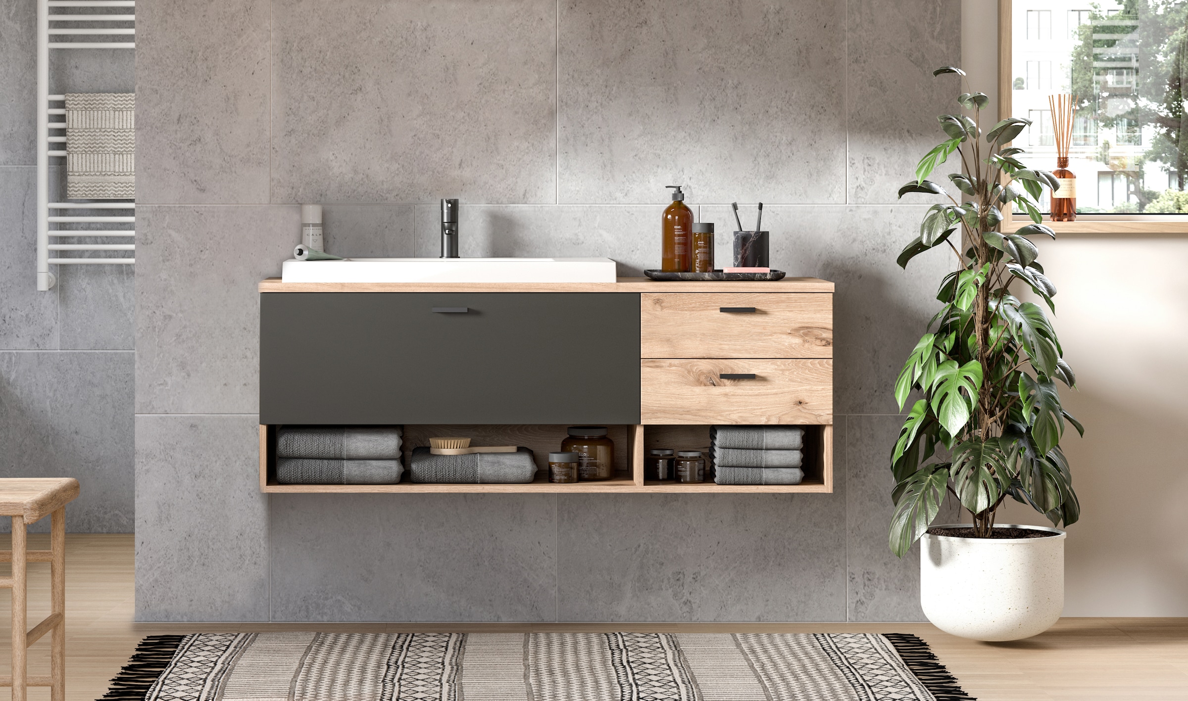 welltime Waschbeckenunterschrank »Dolo, Breite 138 cm, inkl. Aufsatzwaschbecken, 2 Schubkästen, 1 Klappe«, (2 St.), Hängeschrank, Unterschrank, Badmöbel, Badschrank, Schrank, Bad
