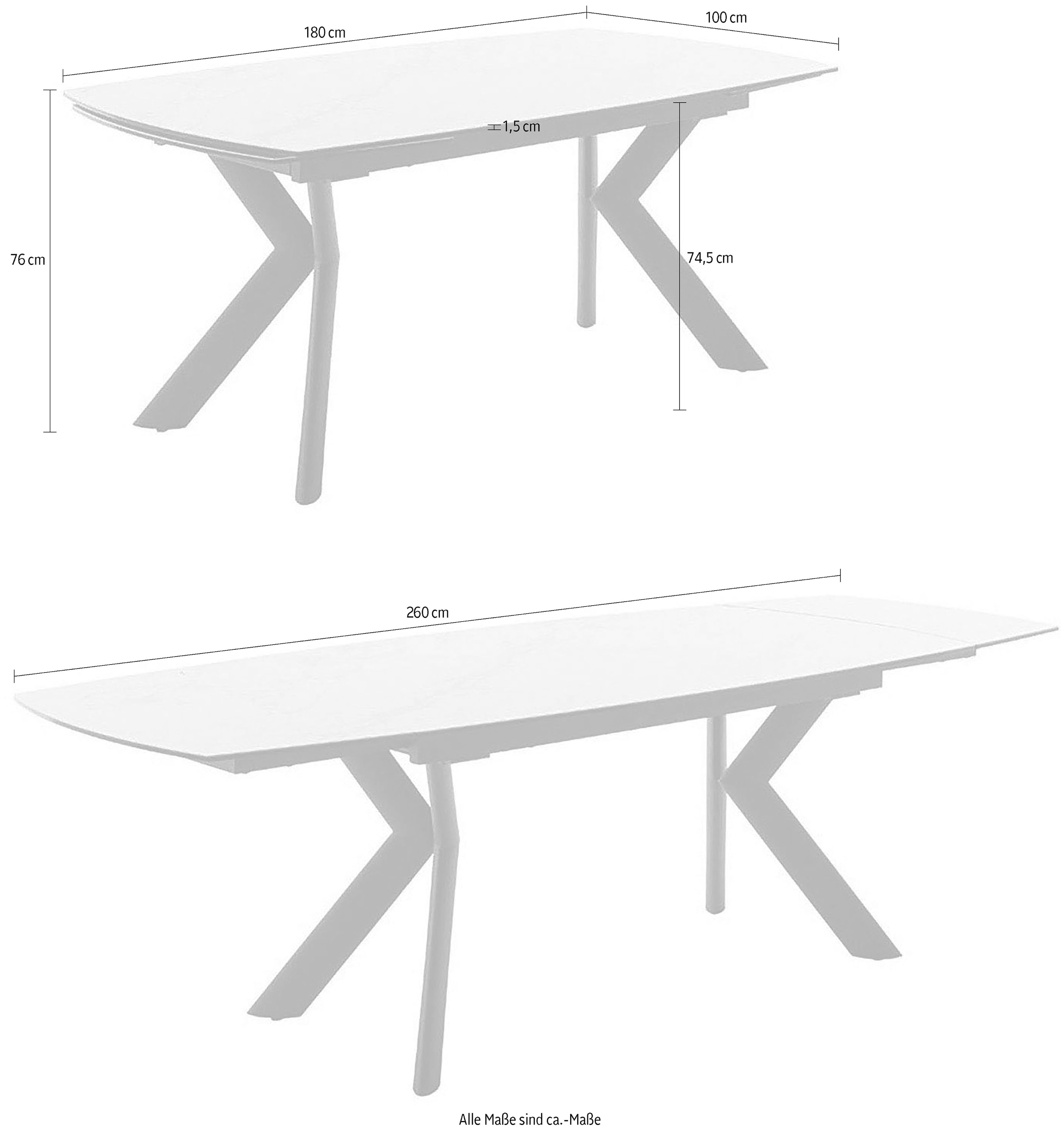 MCA furniture Esstisch »OSSANA Vierfusstisch 180-260 cm«, (Einzelstück), Keramik,Metall,Stirnauszug,ausziehbar,Tischplatte 13 mm,8-10 Personen