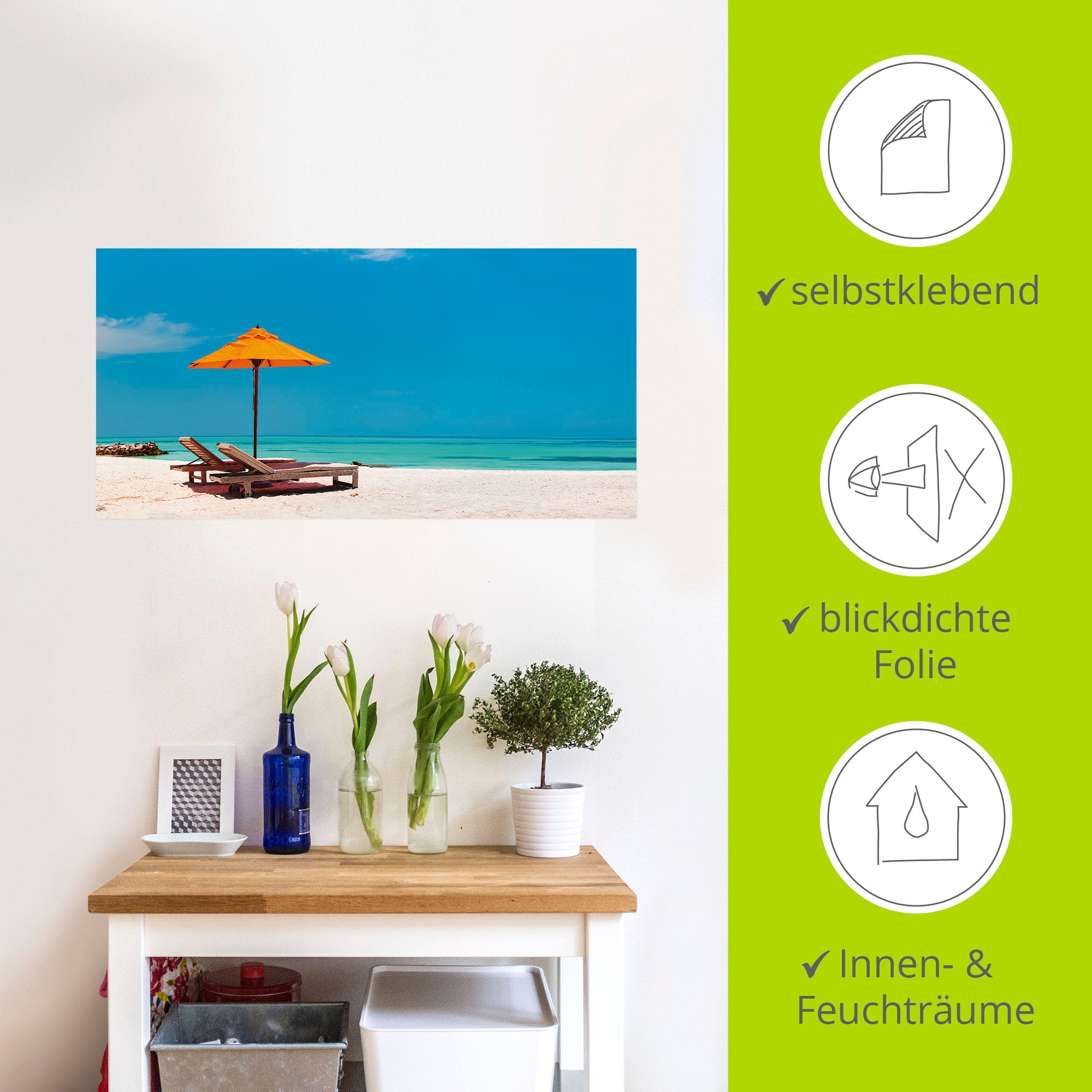 Artland Wandbild »Liegestuhl Sonnenschirm Strand Malediven«, Strand, (1 St.), als Alubild, Outdoorbild, Leinwandbild, Poster, Wandaufkleber