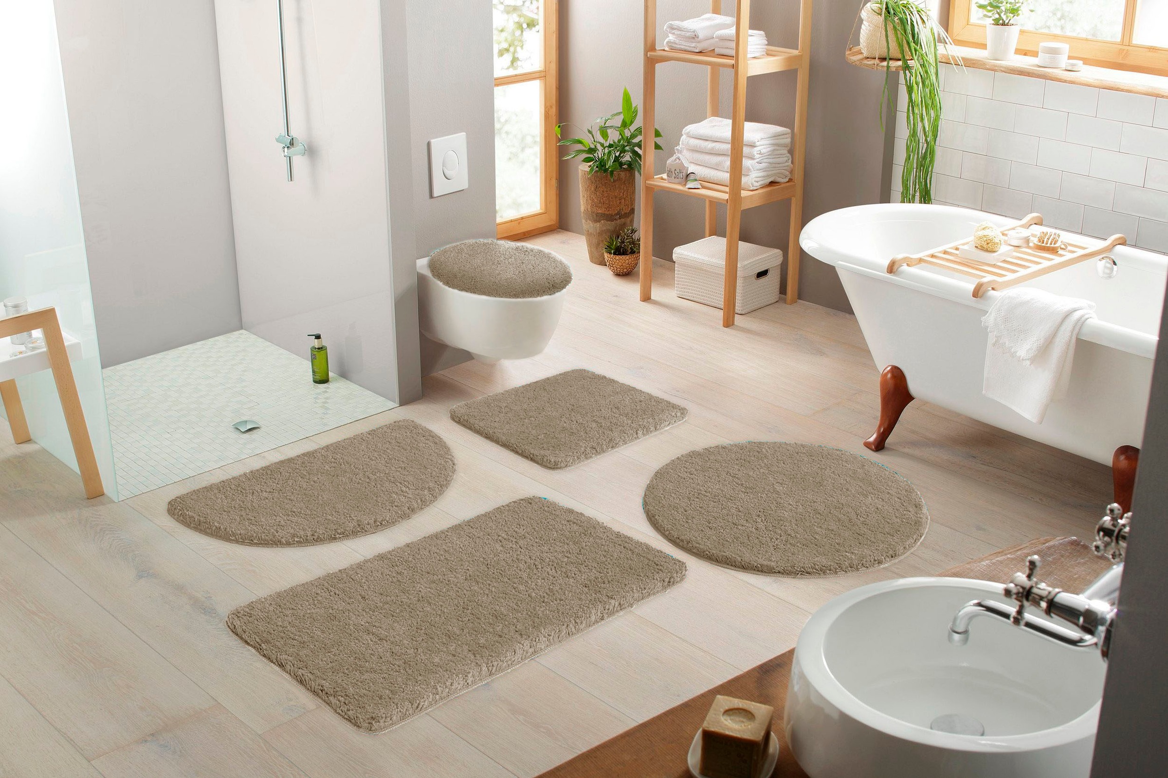 my home Badematte »Sanremo, Badvorleger, Badezimmer Teppich, sehr weich«, rutschhemmend beschichtet, fussbodenheizungsgeeignet-schnell trocknend, Badteppich, unifarben, rechteckig, rund & als 3-tlg. Set erhältlich