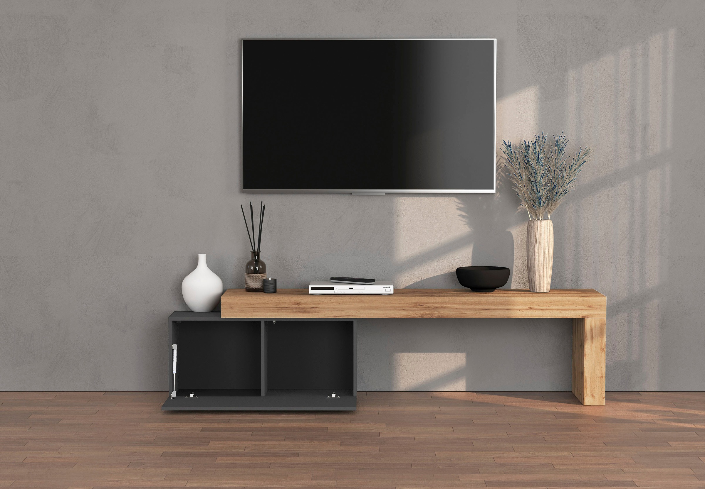 INOSIGN Lowboard »Chronos TV-Board, TV-Schrank«, (1 St., Breite verstellbar von 180 bis 260 cm), Breite 220 cm TV-Board,Lowboard,1 Klappe und ein L-Förmiger Aufsatz