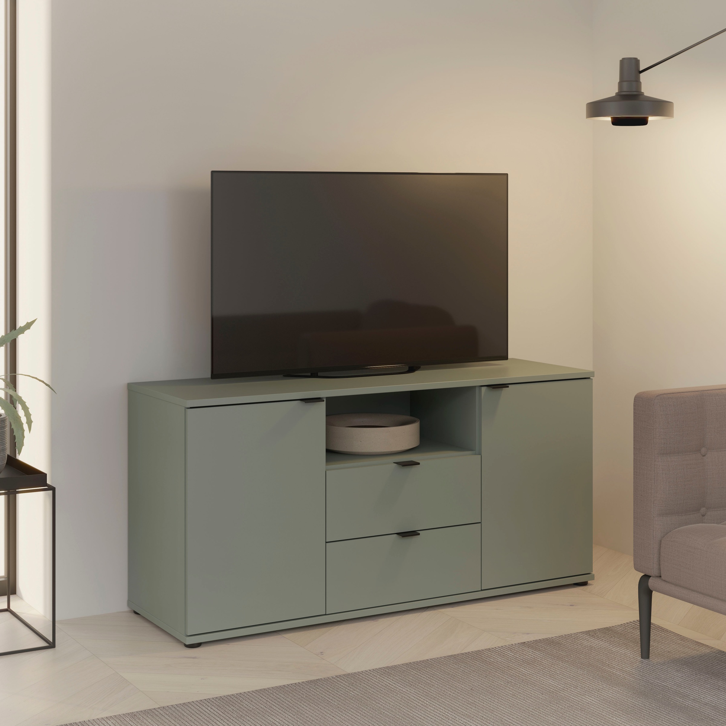 Meuble TV Ganymede AUCUNE sauge 2 portes 2 tiroirs niche 129,8 cm